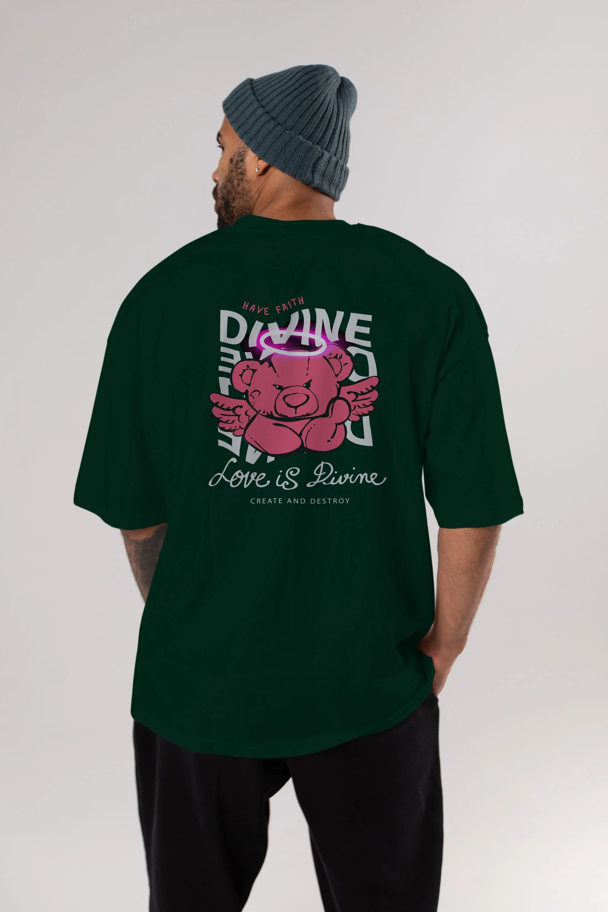 Love is Divine Bear Arka Baskılı Oversize t-shirt Erkek Kadın Unisex