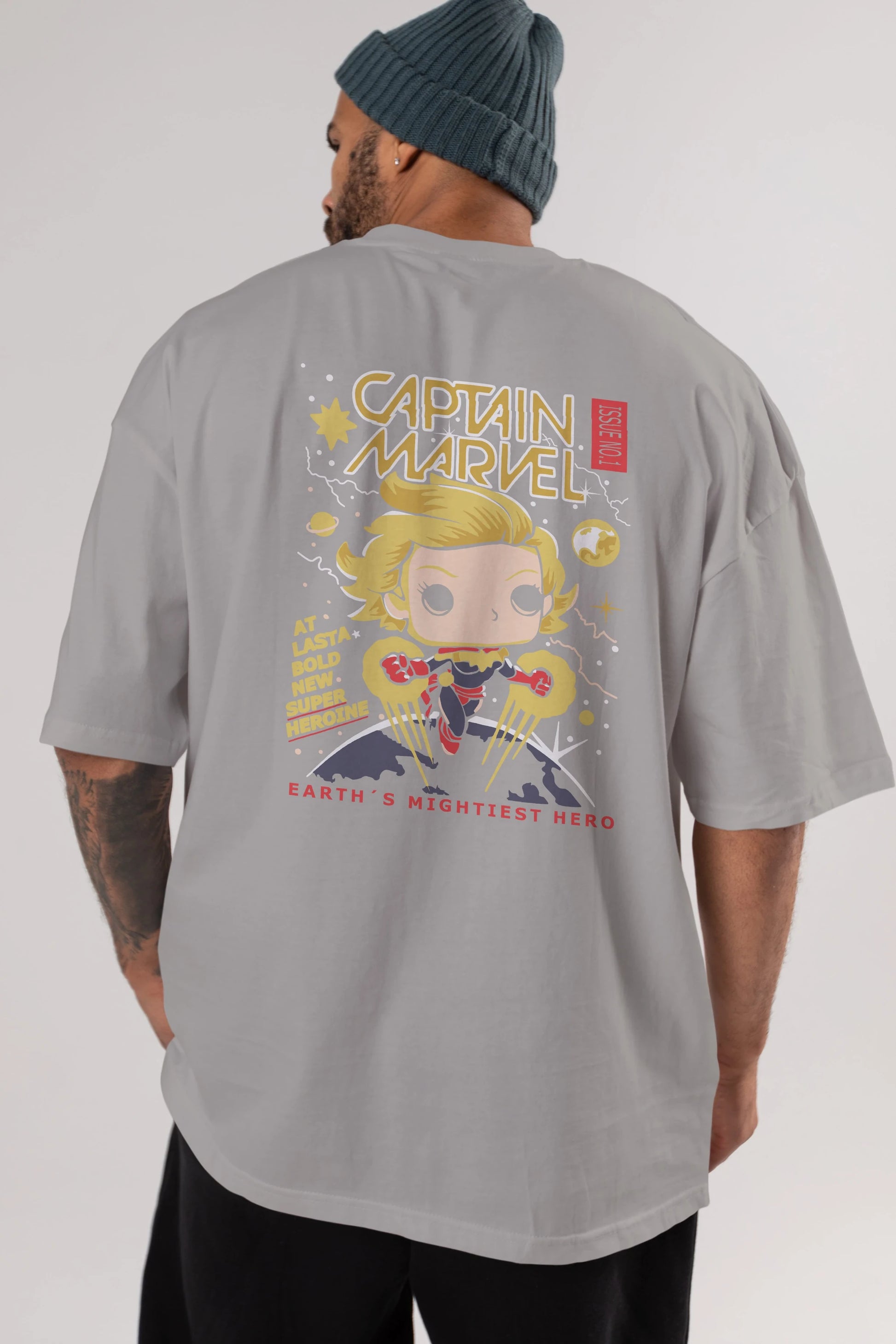 Captain Marvel Arka Baskılı Oversize t-shirt Erkek Kadın Unisex %100 Pamuk Bisiklet Yaka tişort