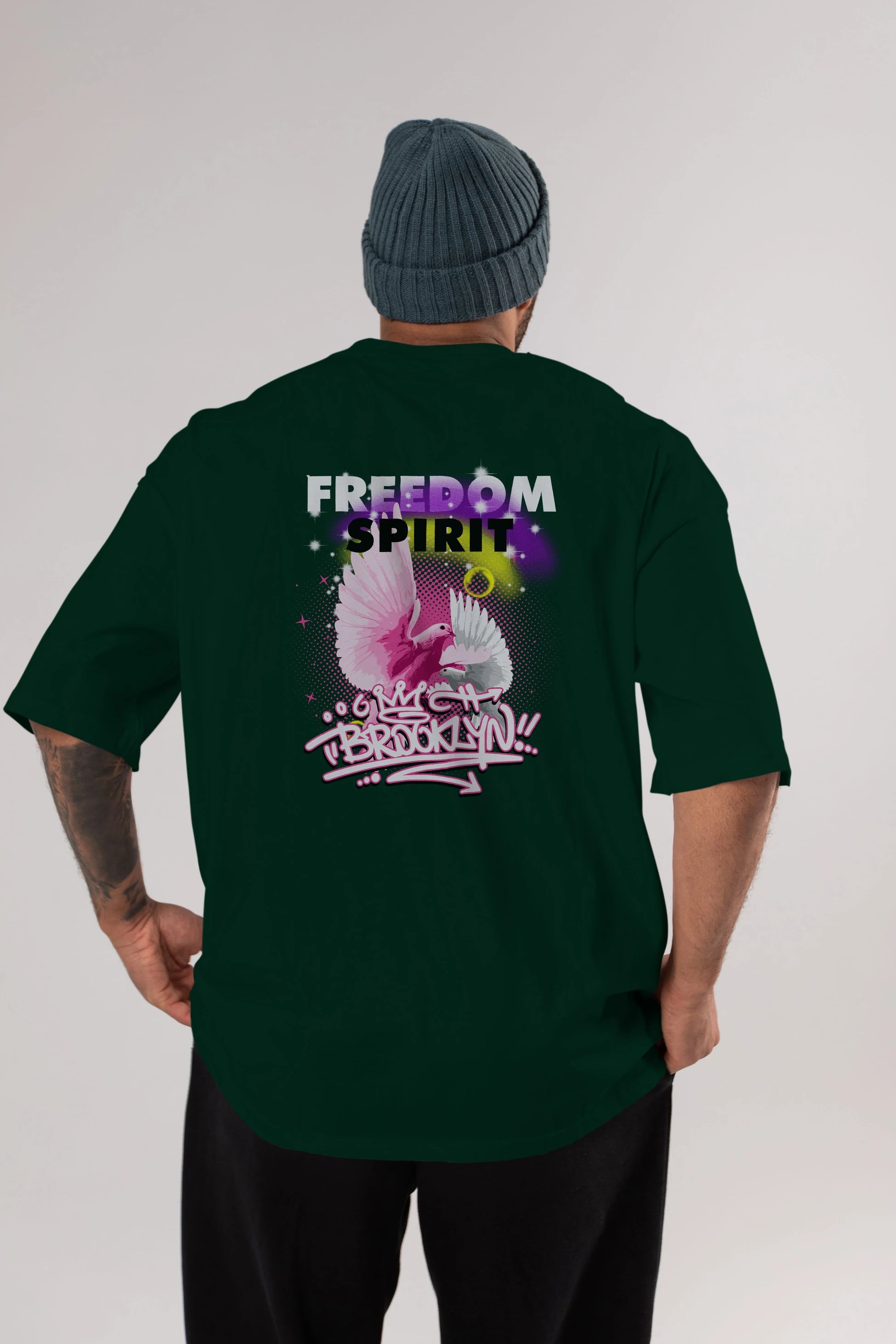Freedom Spirit Brooklyn Arka Baskılı Oversize t-shirt Erkek Kadın Unisex