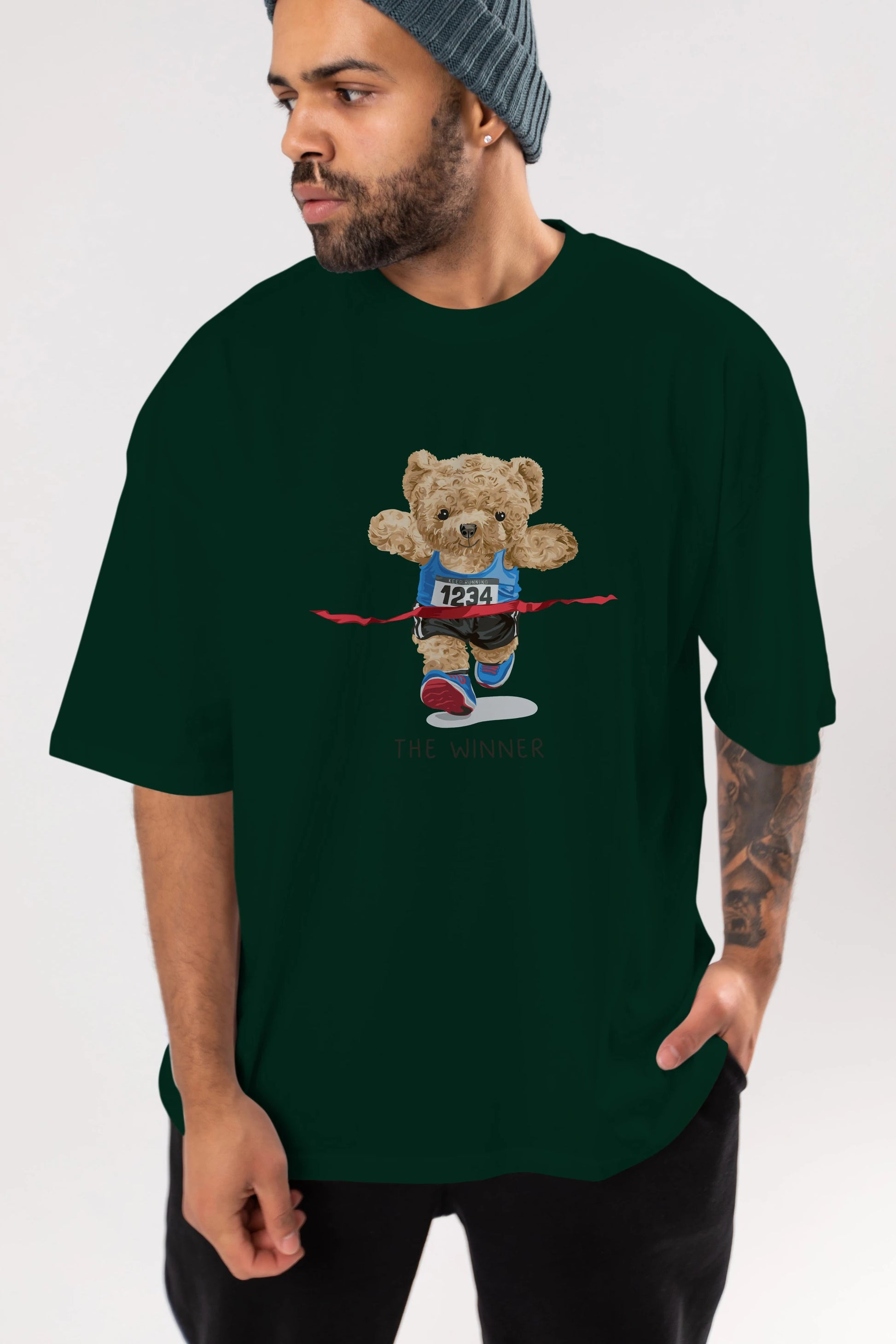 Teddy Bear The Winner Ön Baskılı Oversize t-shirt Erkek Kadın Unisex %100 Pamuk