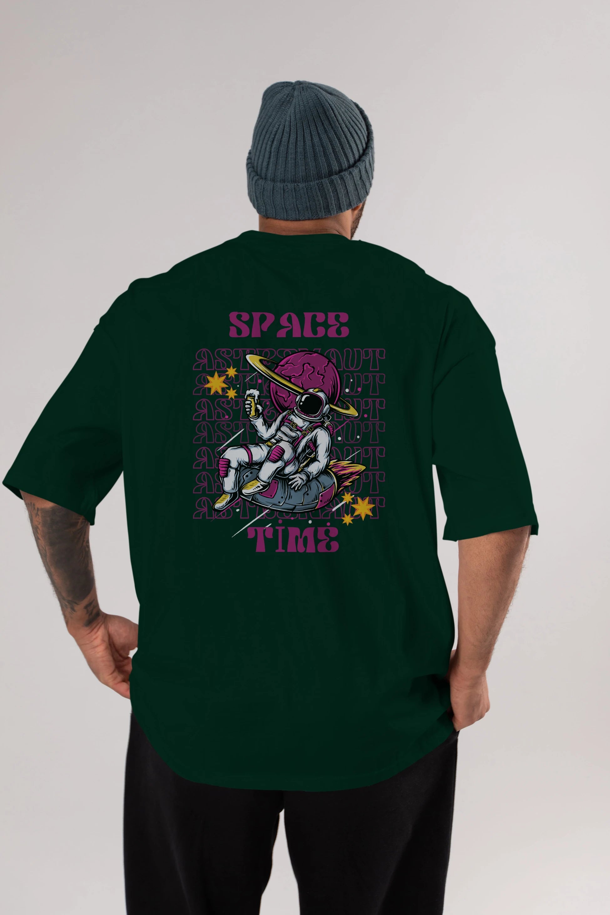 Space Time Astronaut Yazılı Arka Baskılı Oversize t-shirt Erkek Kadın Unisex