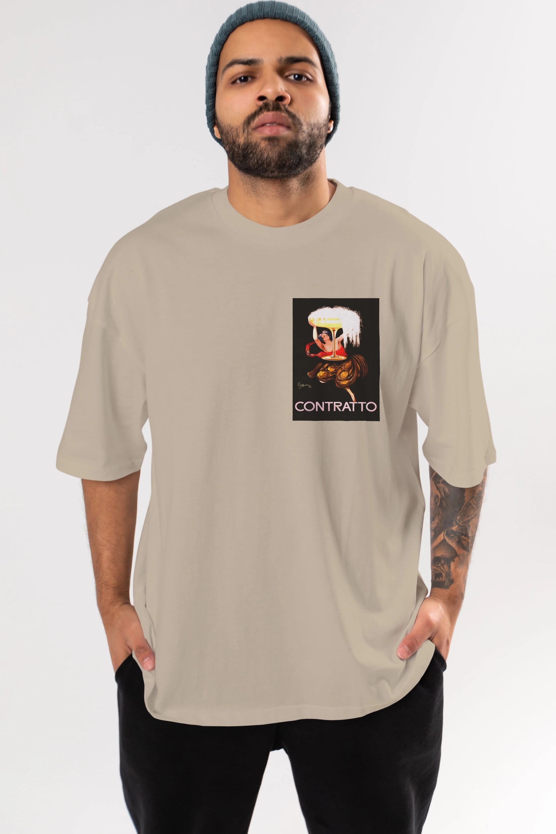Contratto Ön Sol Baskılı Oversize t-shirt Erkek Kadın Unisex %100 Pamuk Bisiklet Yaka tişort