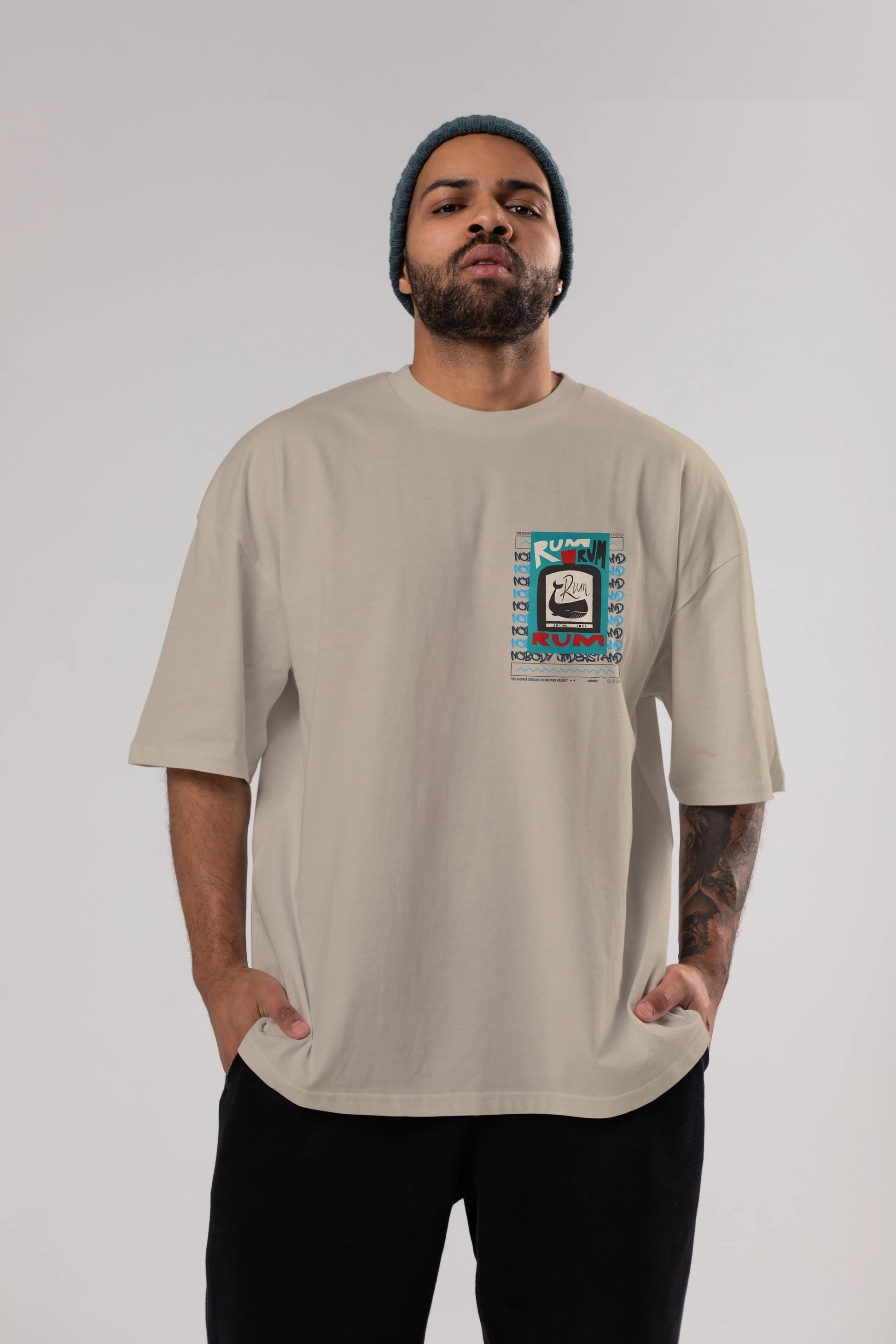 Rum Ön Sol Baskılı Oversize t-shirt Erkek Kadın Unisex %100 Pamuk Bisiklet Yaka tişort