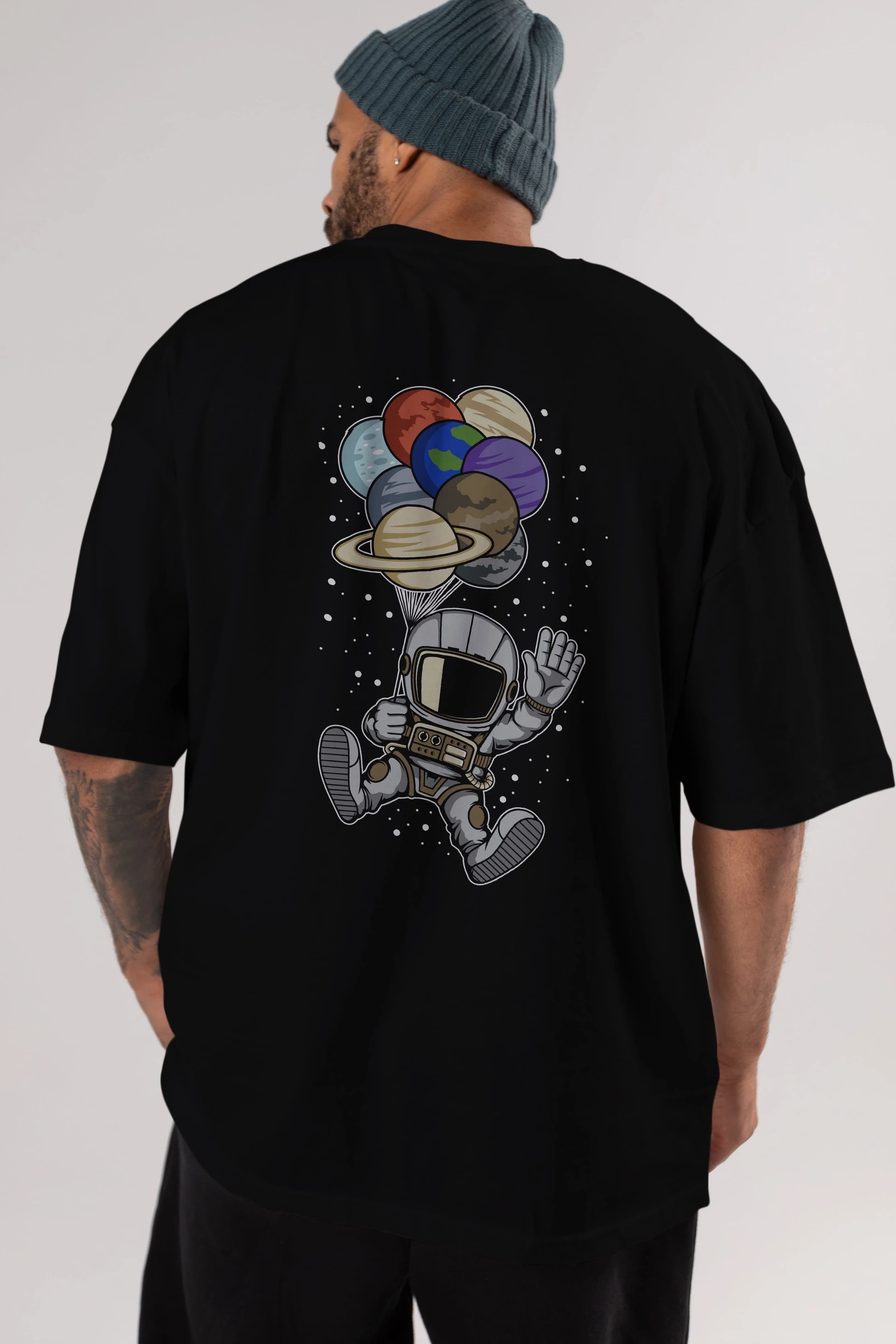 Astronaut Baloon Planets Arka Baskılı Oversize t-shirt Erkek Kadın Unisex