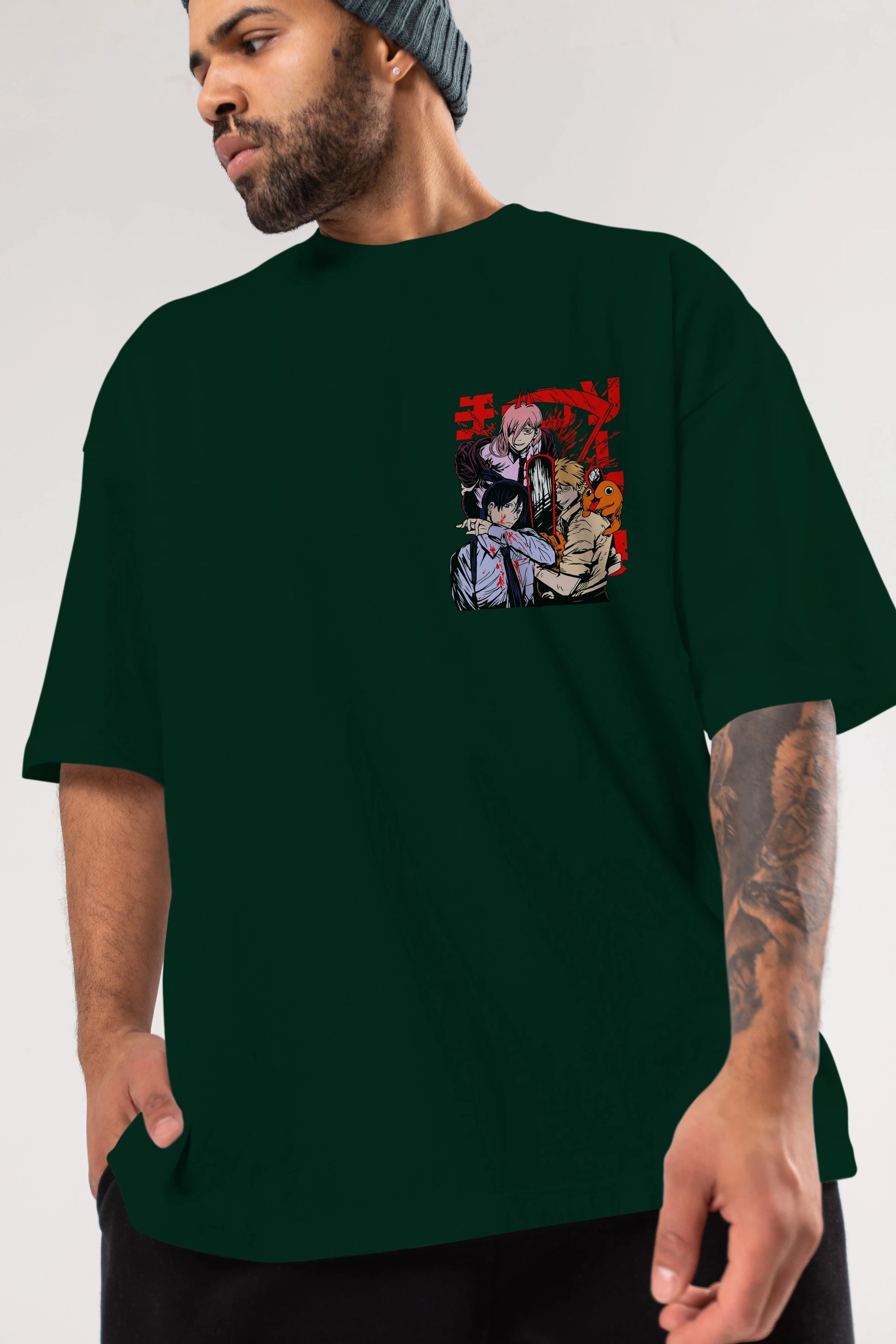 CHAINSAWMAN CREW Ön Sol Baskılı Oversize t-shirt Erkek Kadın Unisex %100 Pamuk Bisiklet Yaka tişort