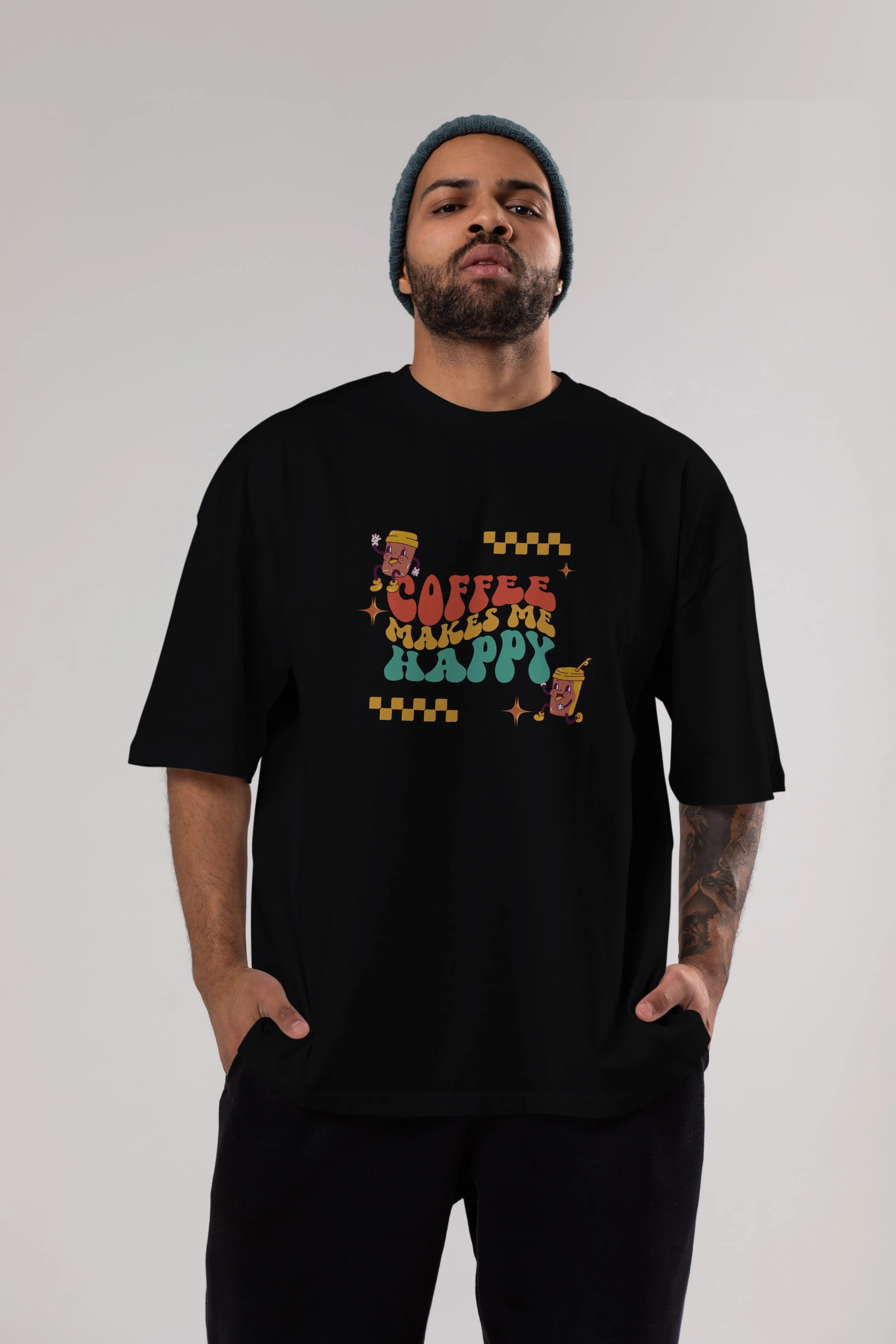 Coffee Makes Me Happy Yazılı Ön Baskılı Oversize t-shirt Erkek Kadın Unisex