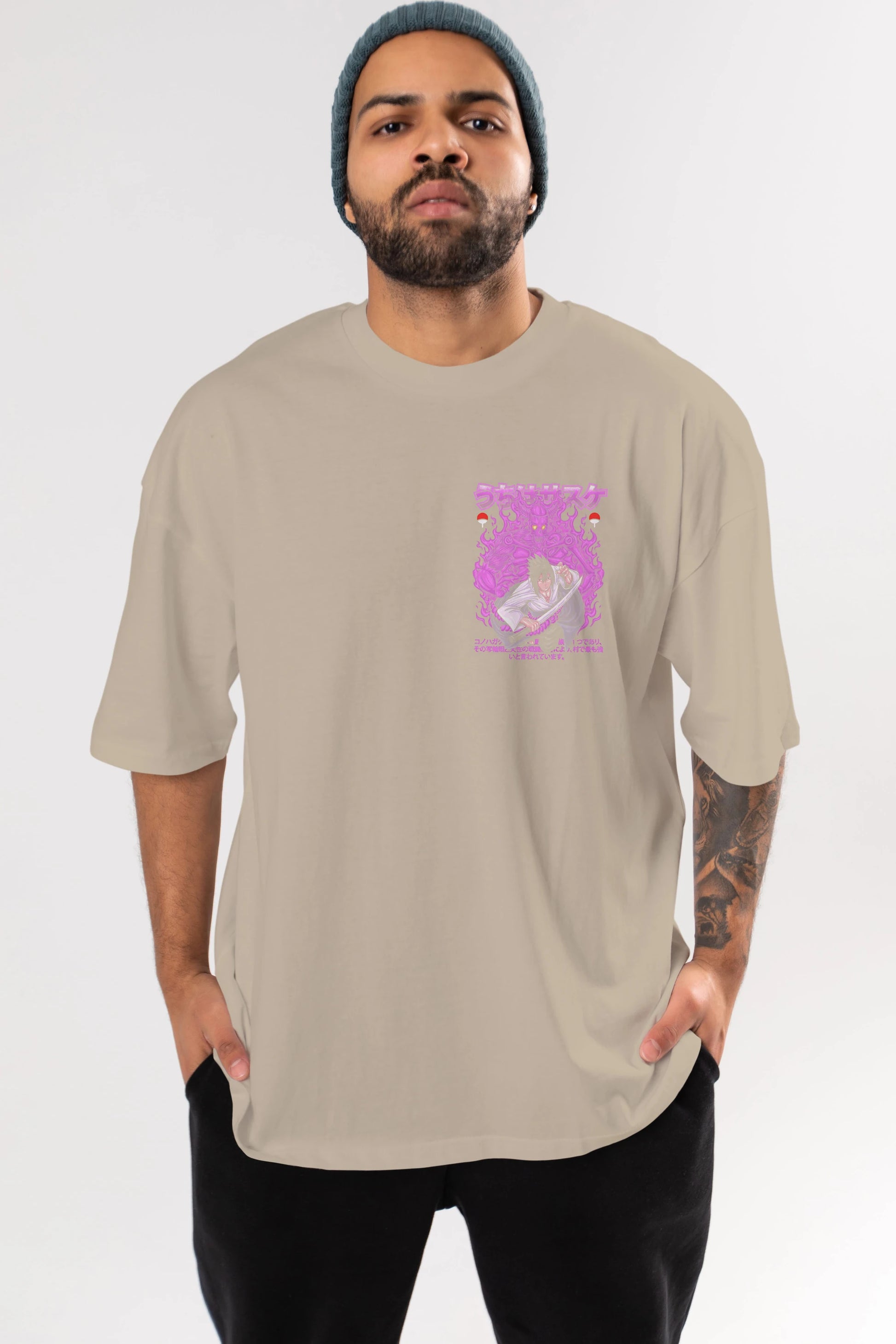 SASUKE UCHIHA NARUTO Ön Sol Baskılı Oversize t-shirt Erkek Kadın Unisex %100 Pamuk Bisiklet Yaka tişort