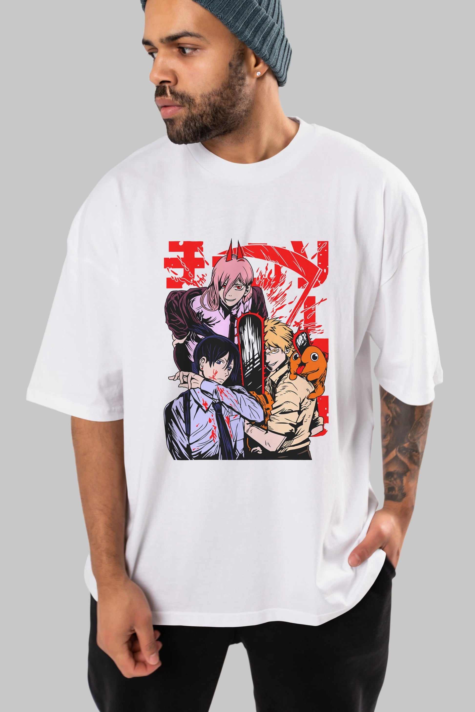 CHAINSAWMAN CREW Anime Ön Baskılı Oversize t-shirt %100 pamuk Erkek Kadın Unisex
