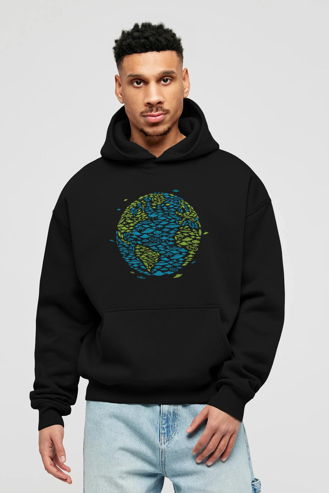 UFO Invasion Ön Baskılı Hoodie Oversize Kapüşonlu Sweatshirt Erkek Kadın Unisex