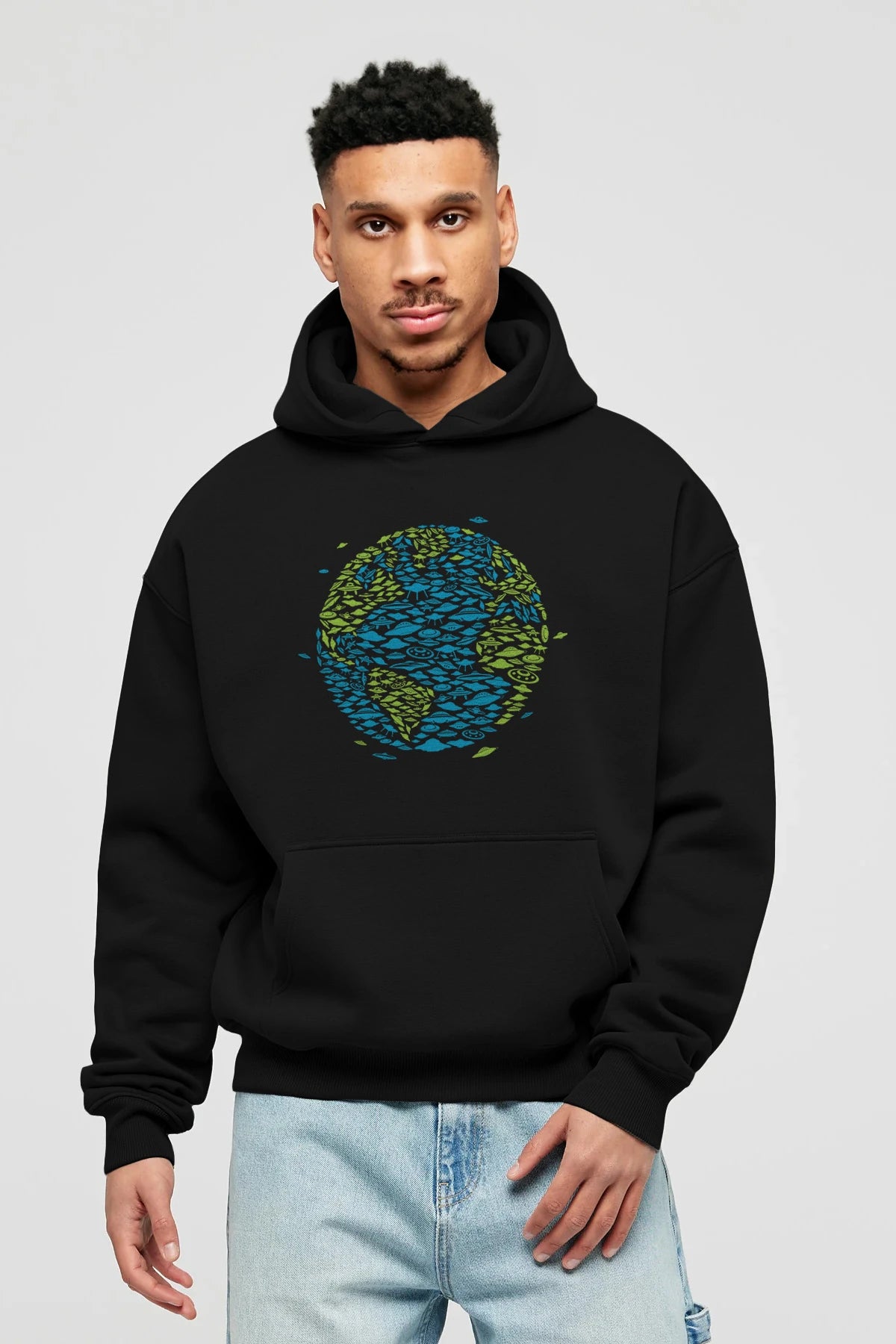 UFO Invasion Ön Baskılı Hoodie Oversize Kapüşonlu Sweatshirt Erkek Kadın Unisex