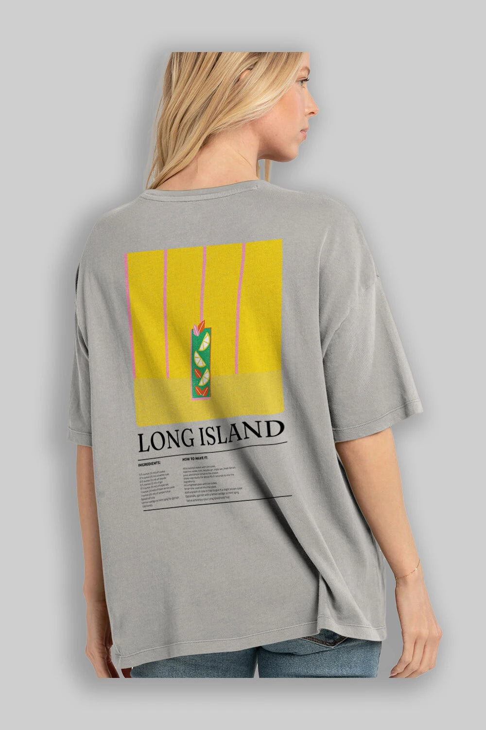 Long Island Kokteyl Serisi Arka Baskılı Oversize t-shirt Erkek Kadın %100 Pamuk Bisiklet Yaka tişort