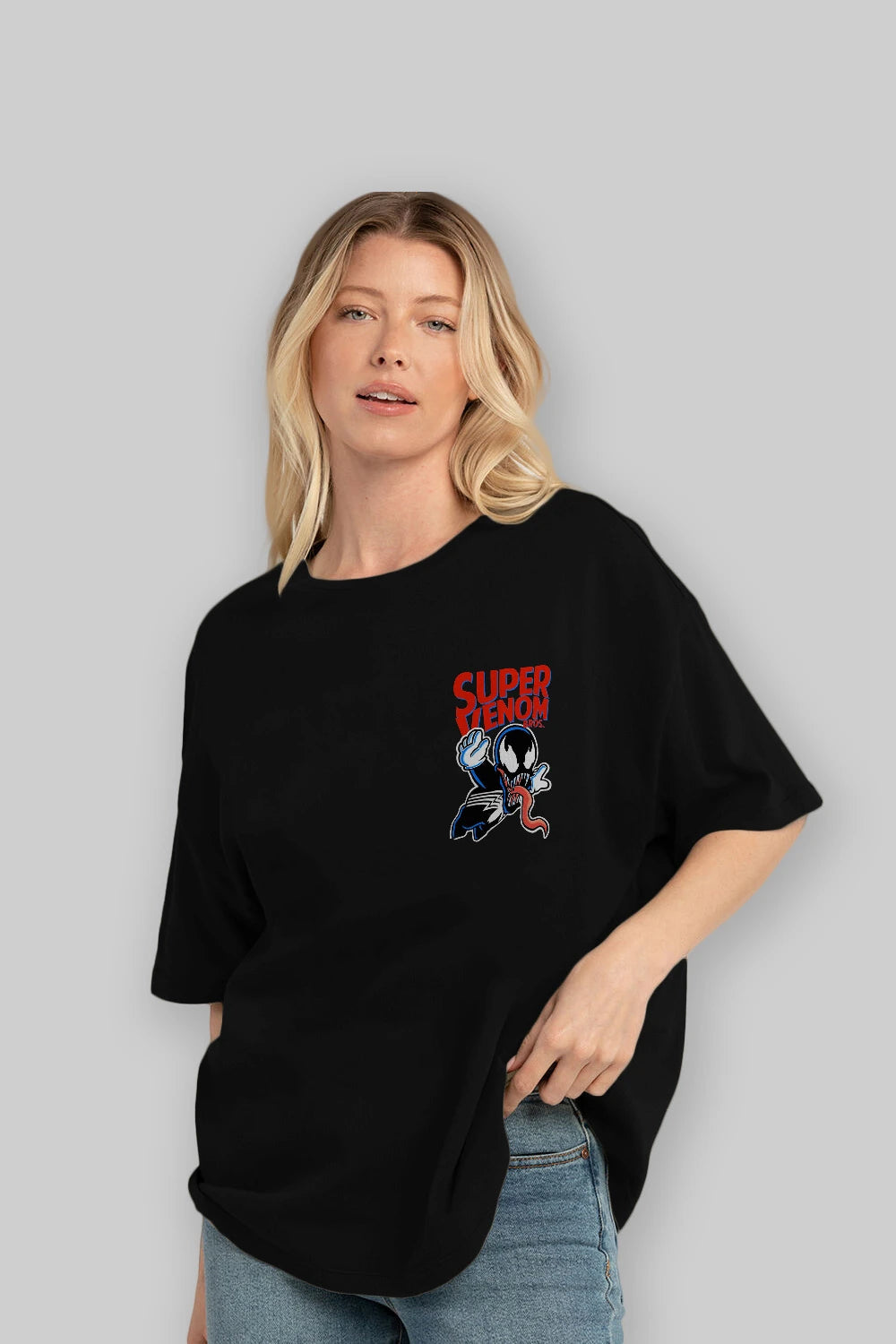 Super Venom Ön Sol Baskılı Oversize t-shirt Erkek Kadın Unisex %100 Pamuk Bisiklet Yaka tişort