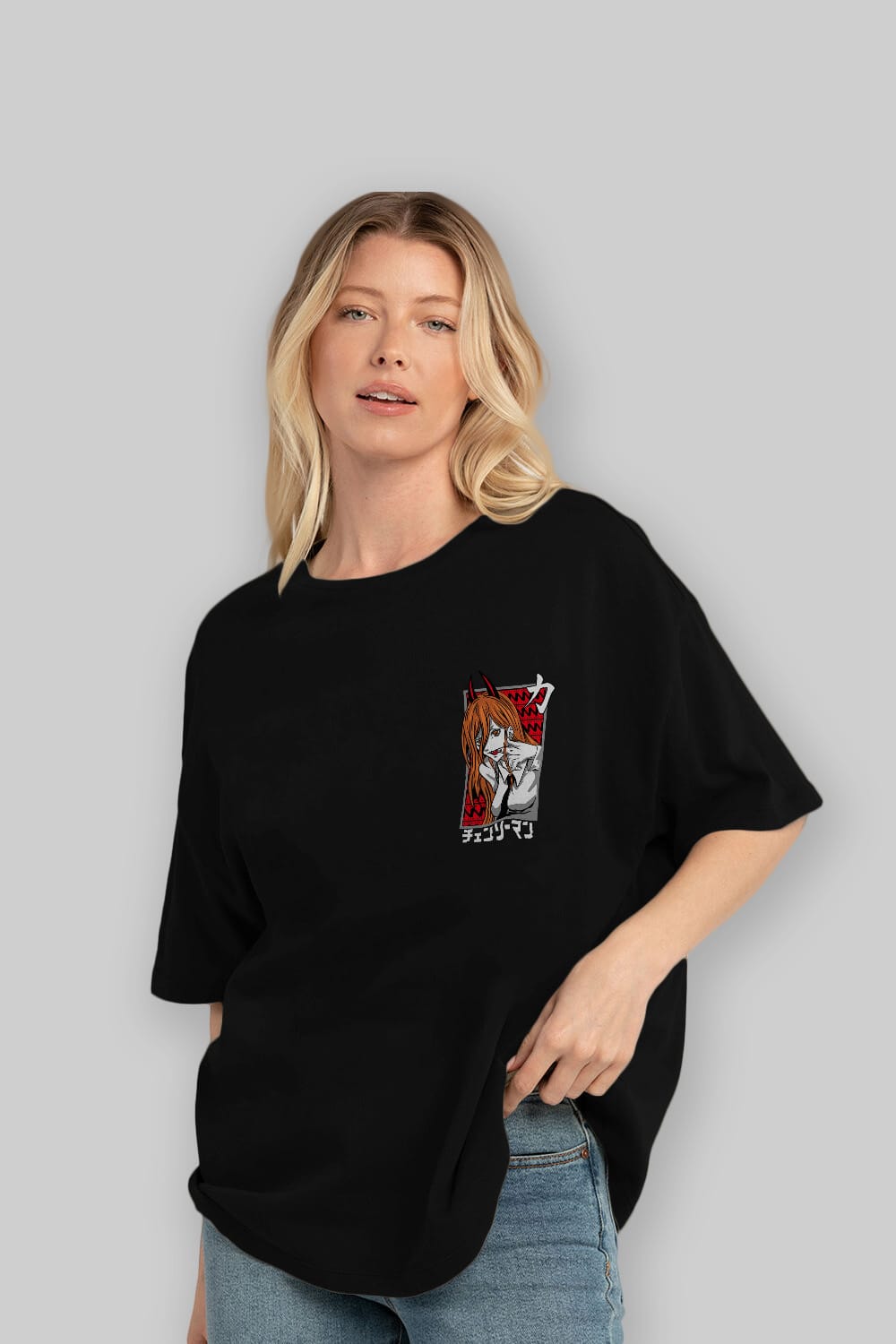 CHAINSAWMAN POWER Ön Sol Baskılı Oversize t-shirt Erkek Kadın Unisex %100 Pamuk Bisiklet Yaka tişort