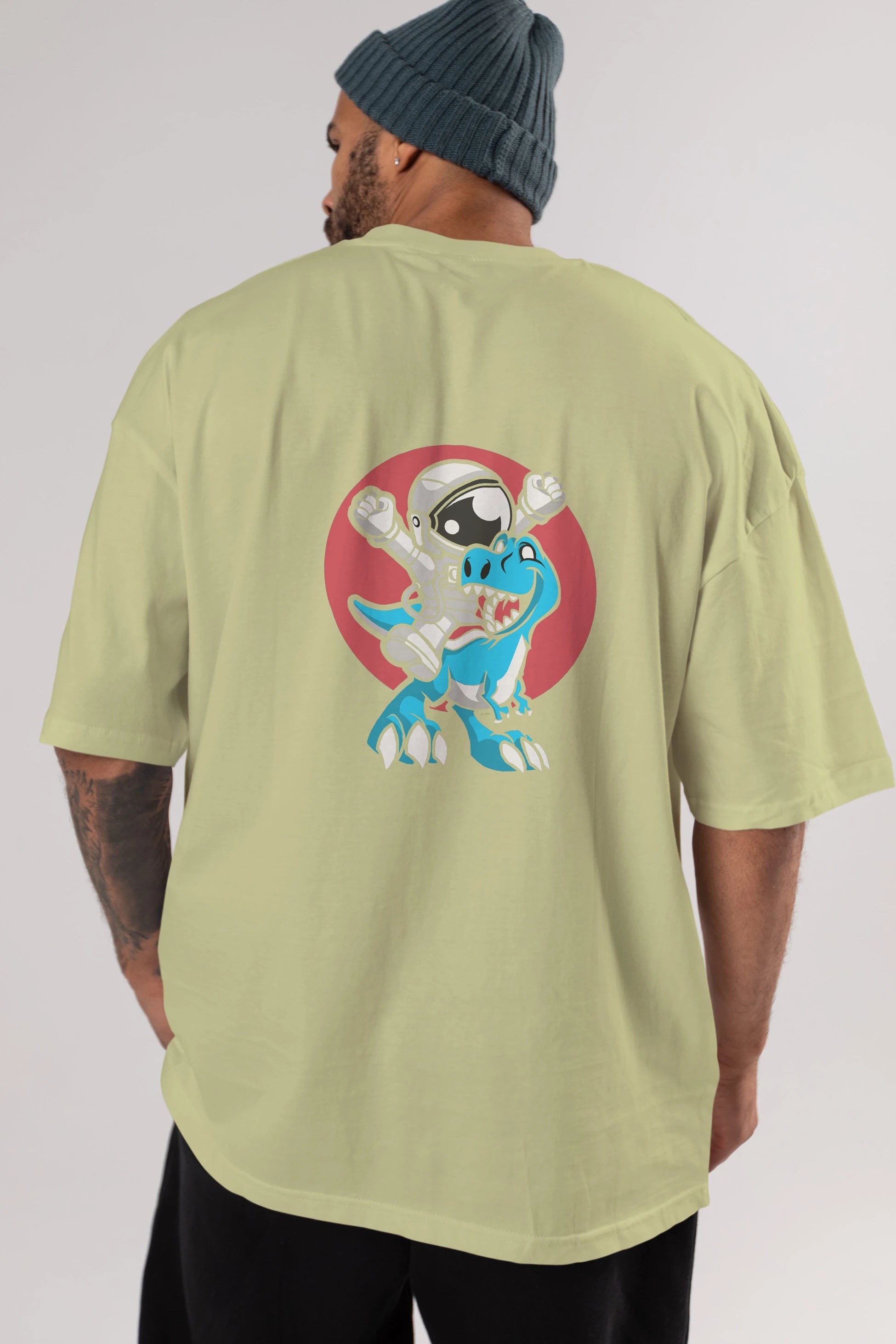 Astronaut Dino Arka Baskılı Oversize t-shirt Erkek Kadın Unisex %100 Pamuk tişort