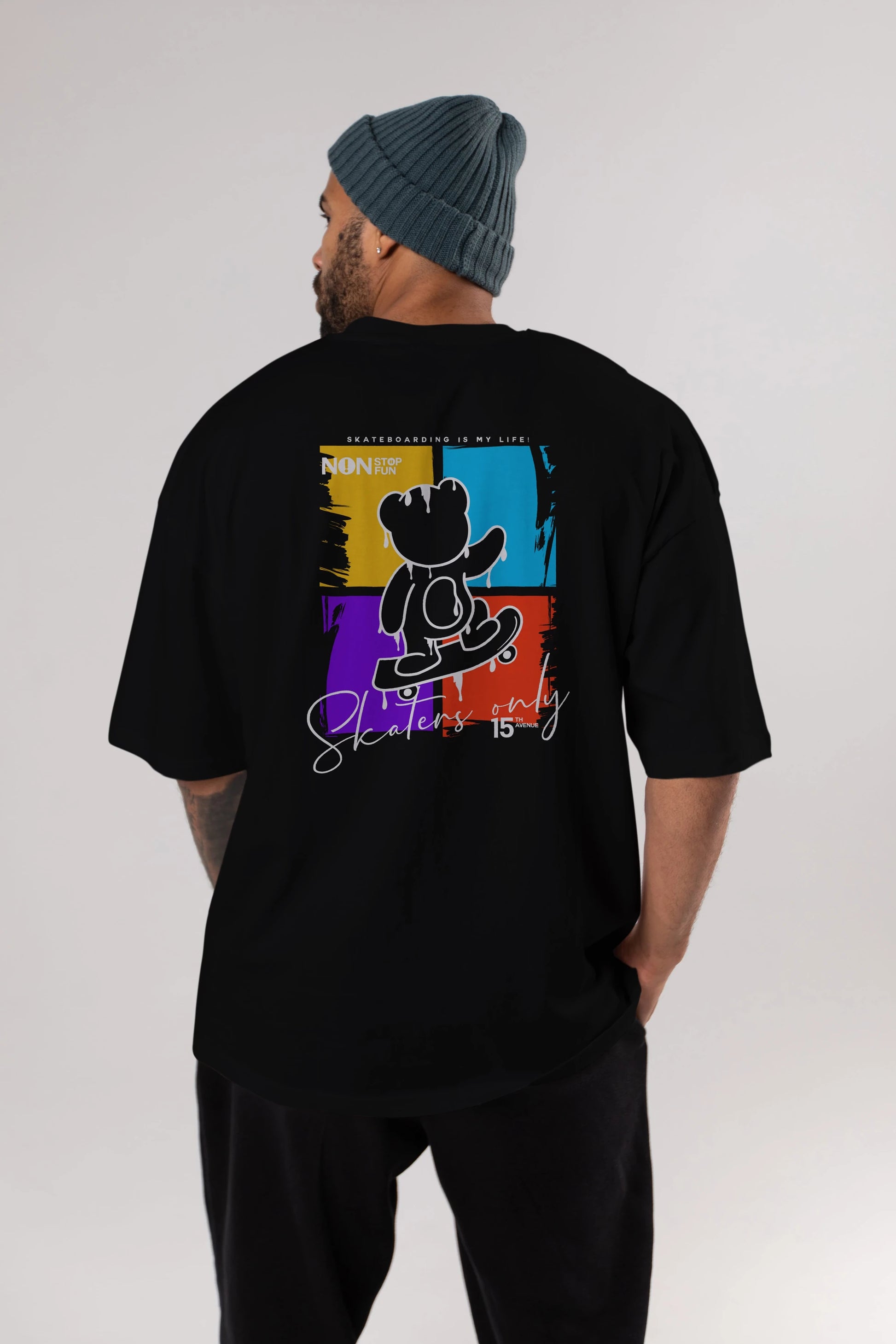 Skaters Only Bear Arka Baskılı Oversize t-shirt Erkek Kadın Unisex