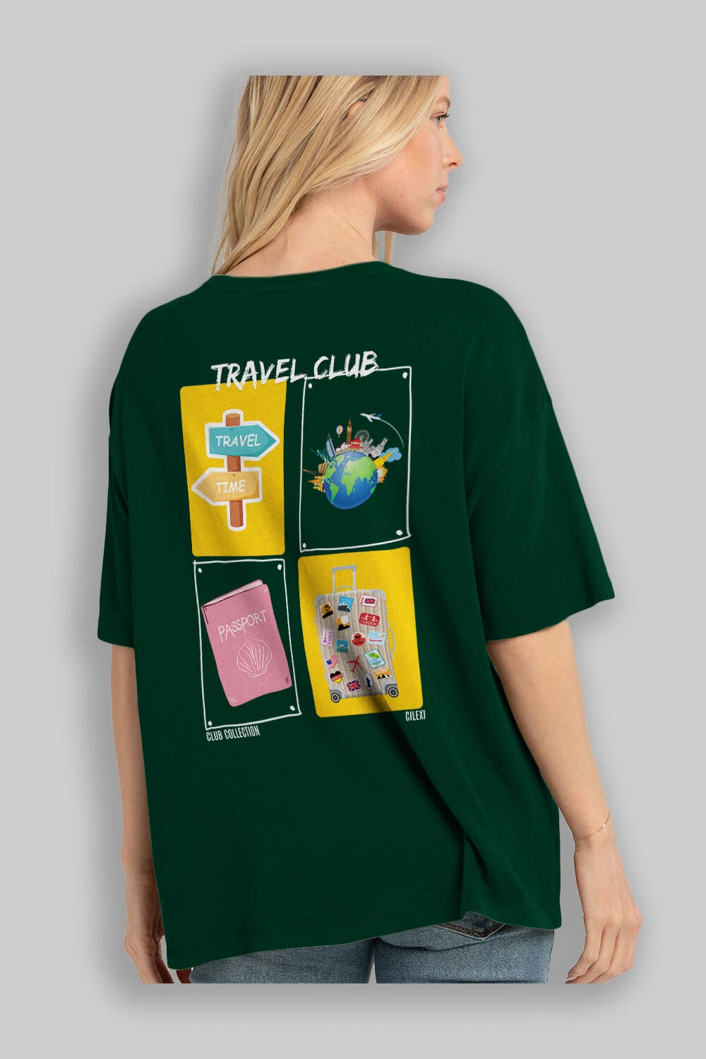 Travel Club Arka Baskılı Oversize t-shirt Erkek Kadın %100 Pamuk Bisiklet Yaka tişort