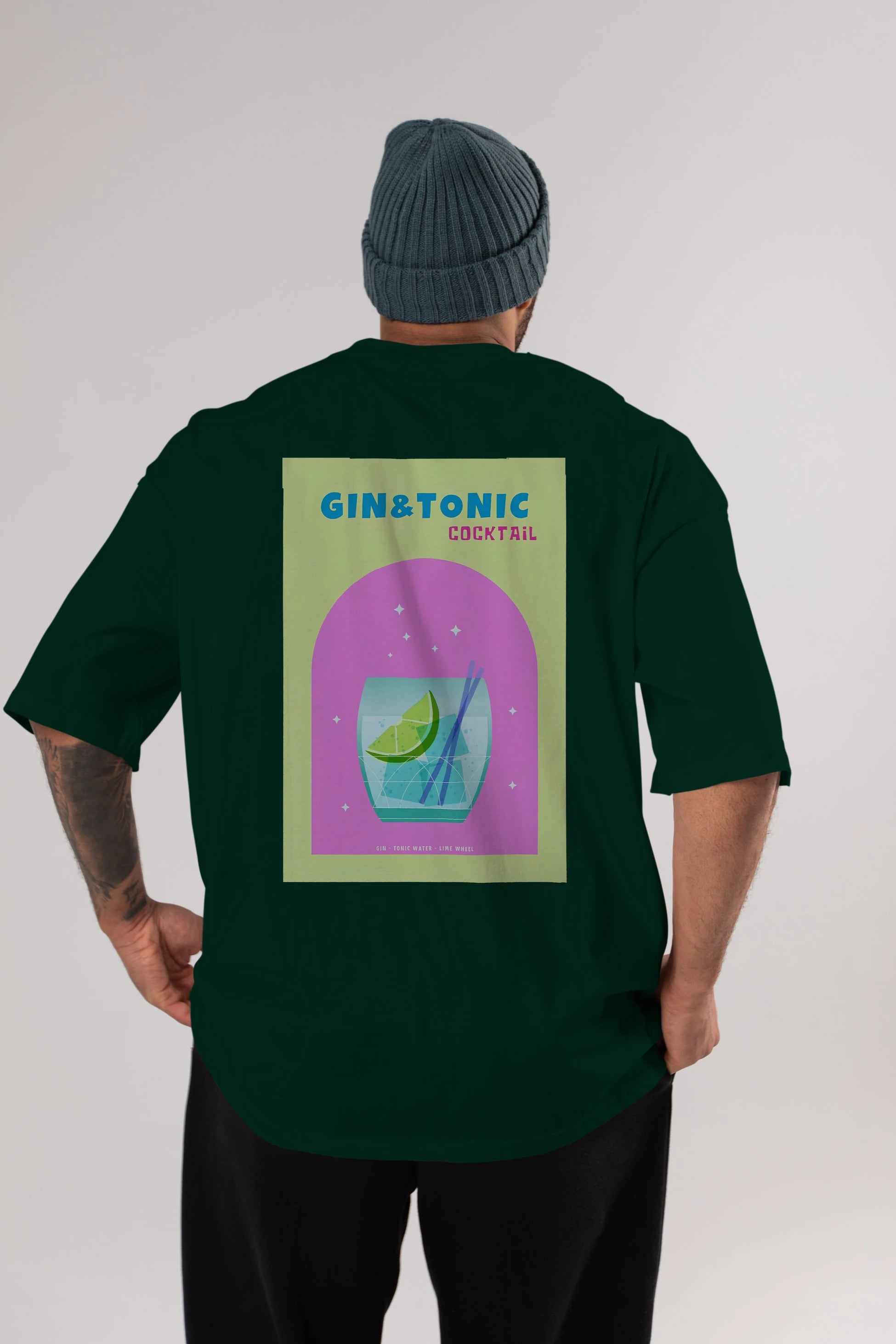 Gin Tonic Cocktail Arka Baskılı Oversize t-shirt Erkek Kadın Unisex %100 Pamuk Bisiklet Yaka tişort