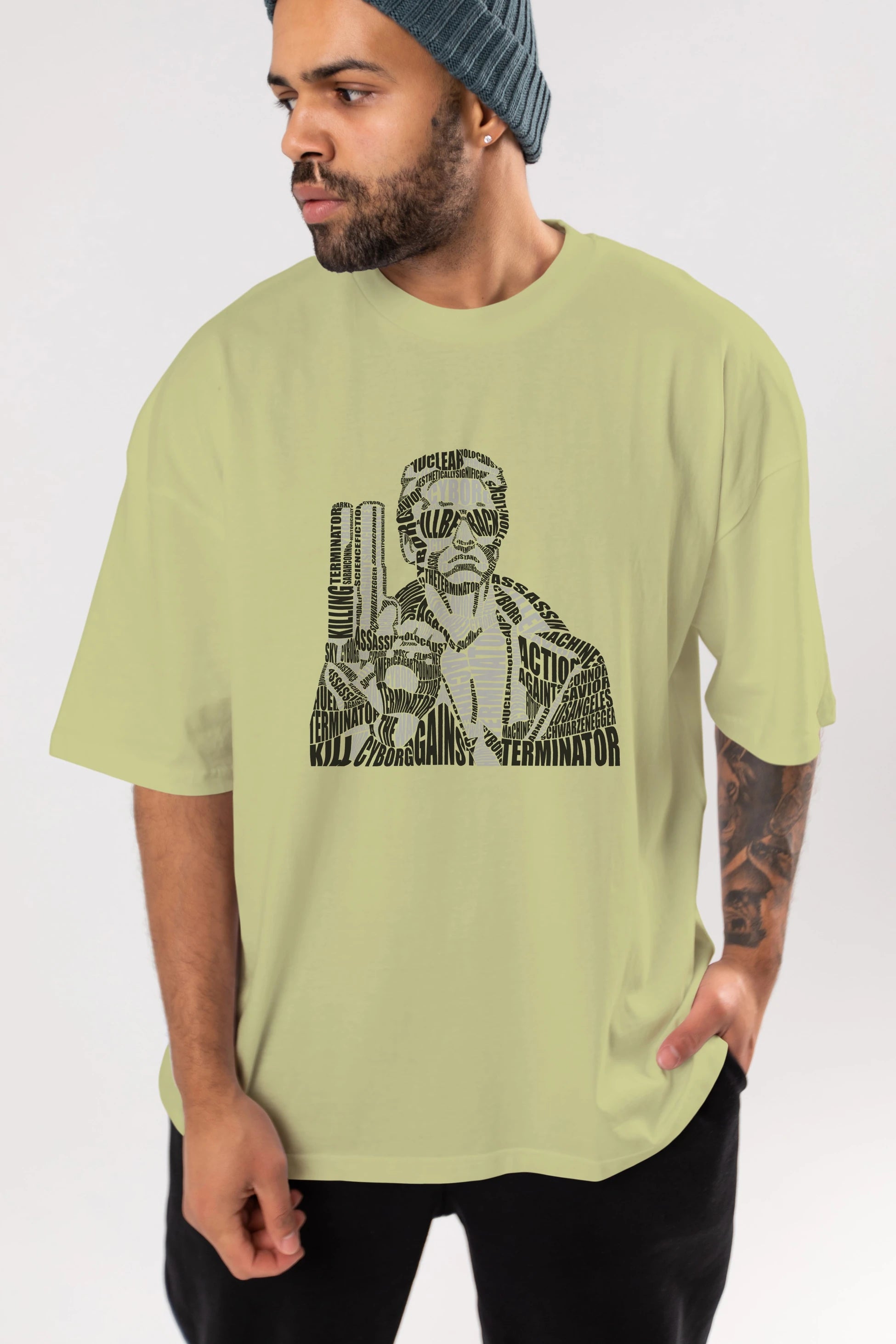 Terminator Calligram Ön Baskılı Oversize t-shirt %100 pamuk Erkek Kadın Unisex