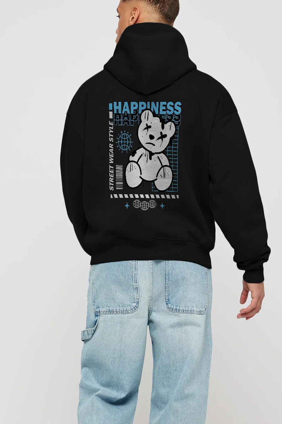 Happiness Bear 2 Arka Baskılı Hoodie Oversize Kapüşonlu Sweatshirt Erkek Kadın Unisex
