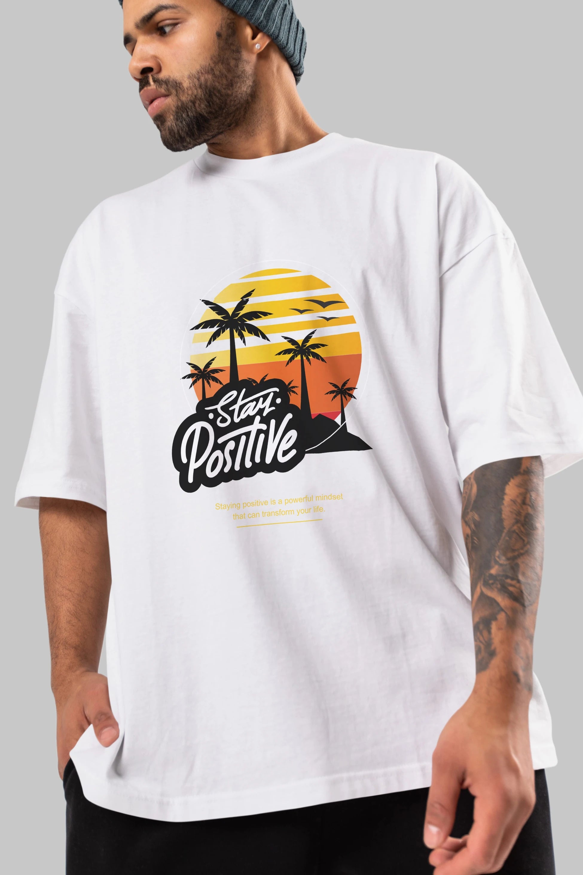 Stay Positive Yazılı Ön Baskılı Oversize t-shirt Erkek Kadın Unisex