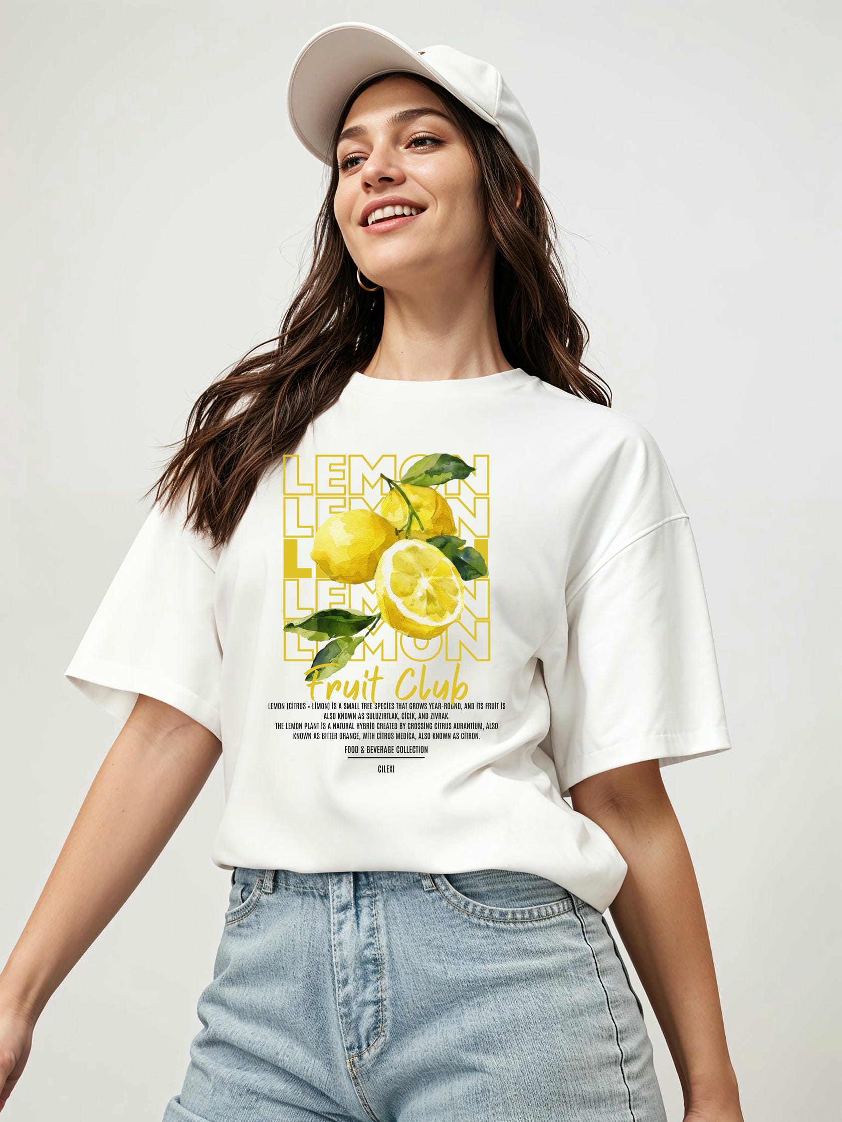 Lemon Ön Baskılı Oversize t-shirt Erkek Kadın Pamuk Bisiklet Yaka tişort