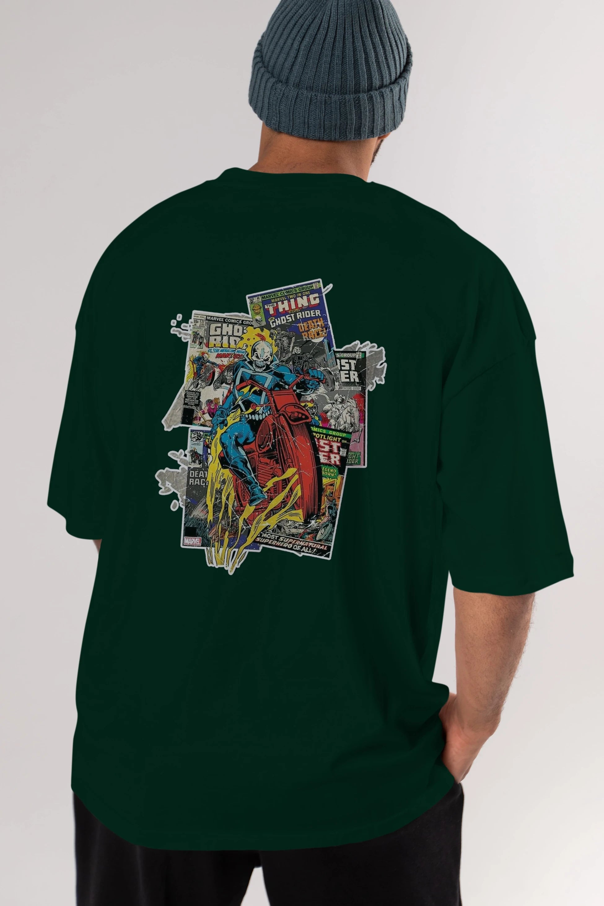 Ghost Rider Arka Baskılı Oversize t-shirt Erkek Kadın Unisex %100 Pamuk Bisiklet Yaka tişort