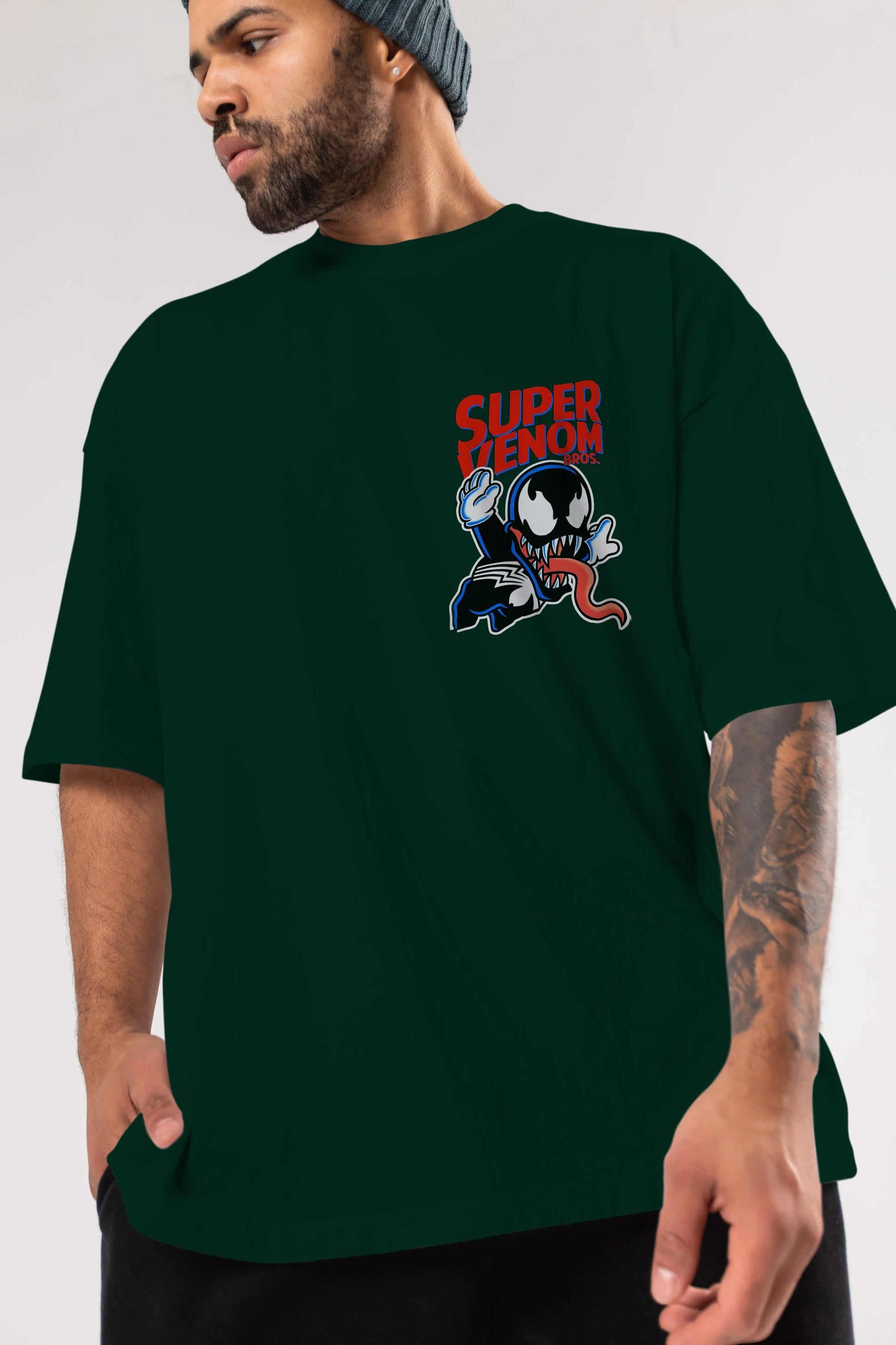 Super Venom Ön Sol Baskılı Oversize t-shirt Erkek Kadın Unisex %100 Pamuk Bisiklet Yaka tişort