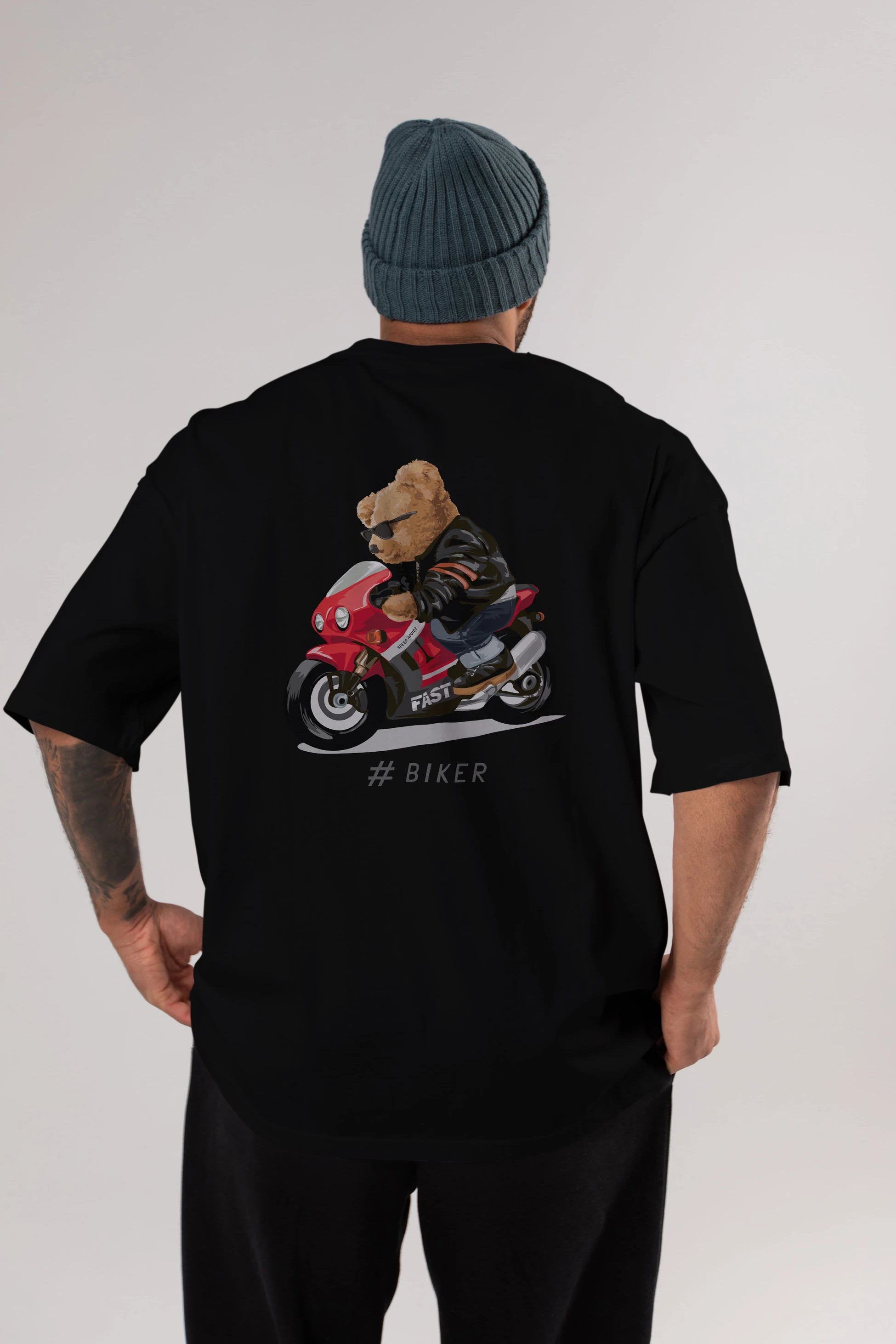 Teddy Bear Biker Arka Baskılı Oversize t-shirt Erkek Kadın Unisex %100 Pamuk