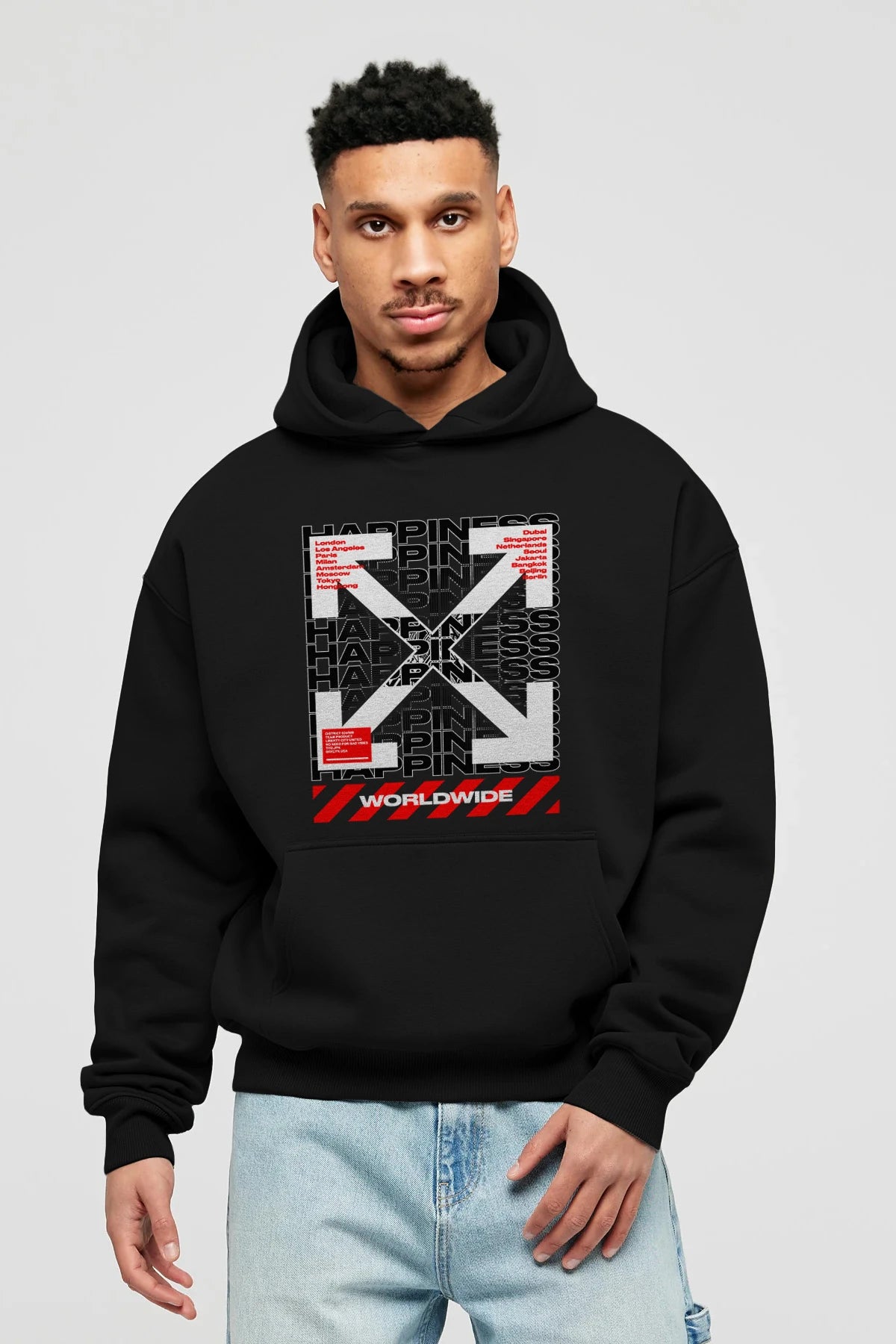 Happiness Worldwide Ön Baskılı Hoodie Oversize Kapüşonlu Sweatshirt Erkek Kadın Unisex