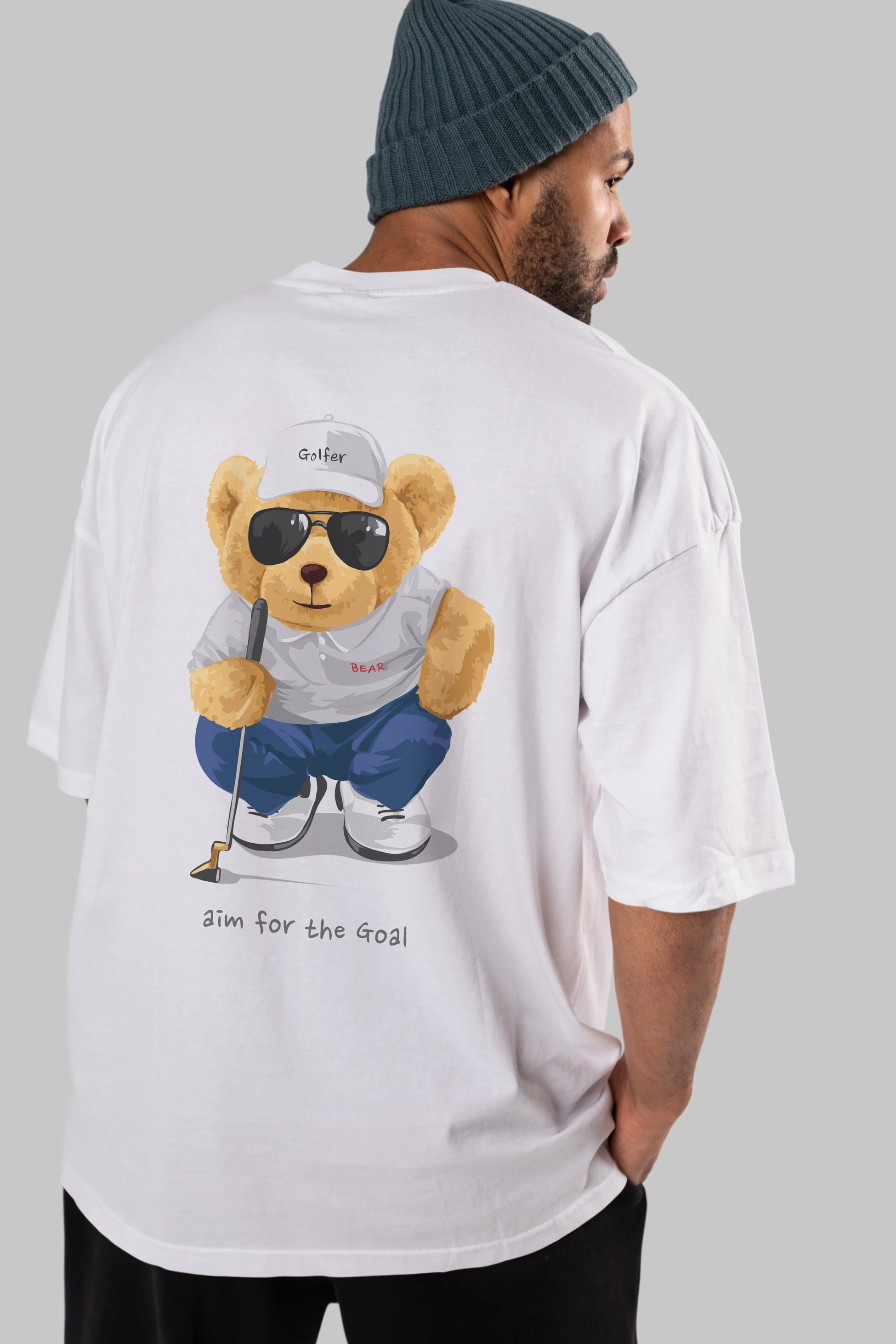 Teddy Bear Golfer Arka Baskılı Oversize t-shirt Erkek Kadın Unisex %100 Pamuk