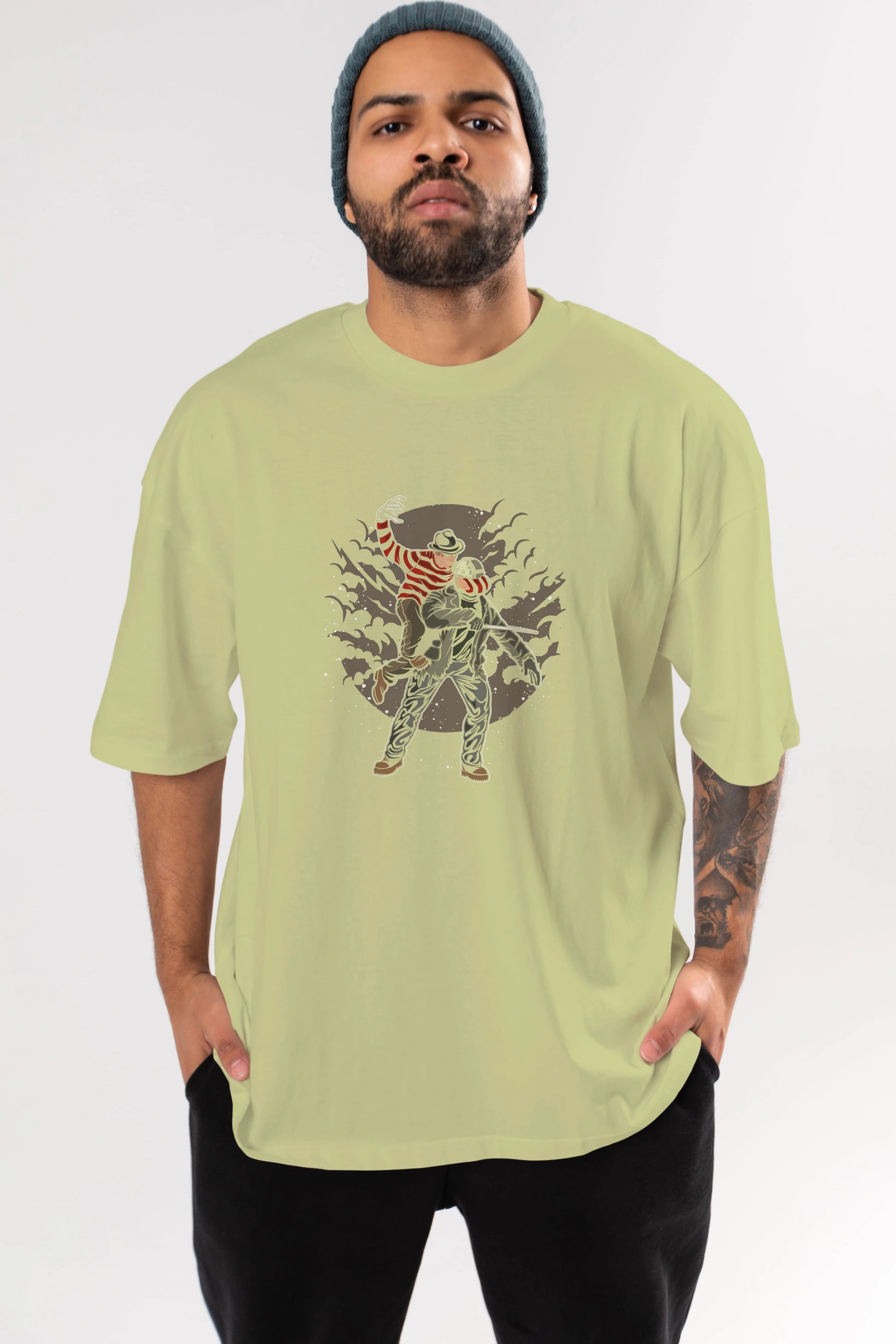 FREDDY VS JASON Ön Baskılı Oversize t-shirt Erkek Kadın Unisex %100 Pamuk tişort