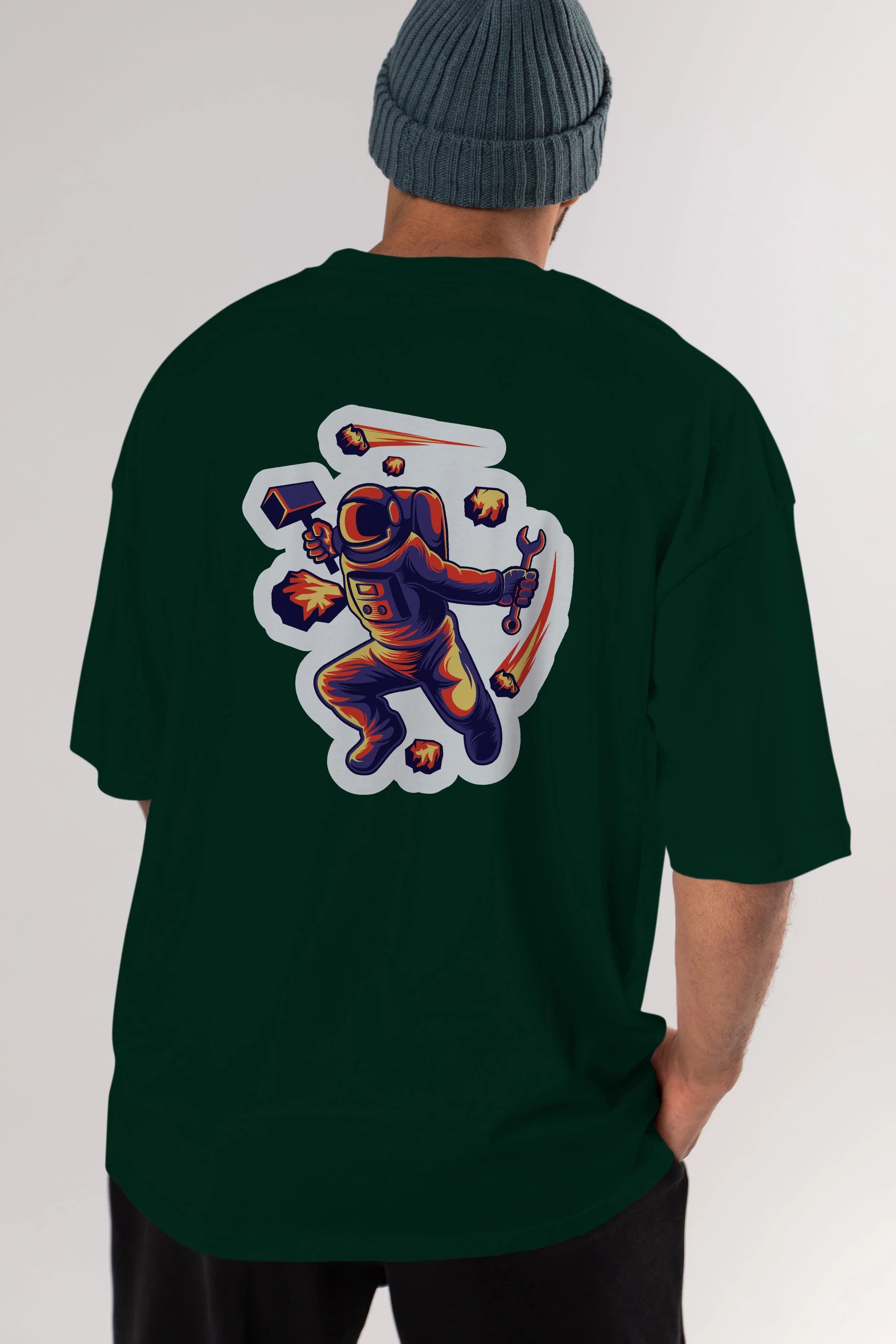 Astronaut Block Meteor Sticker Arka Baskılı Oversize t-shirt Erkek Kadın Unisex