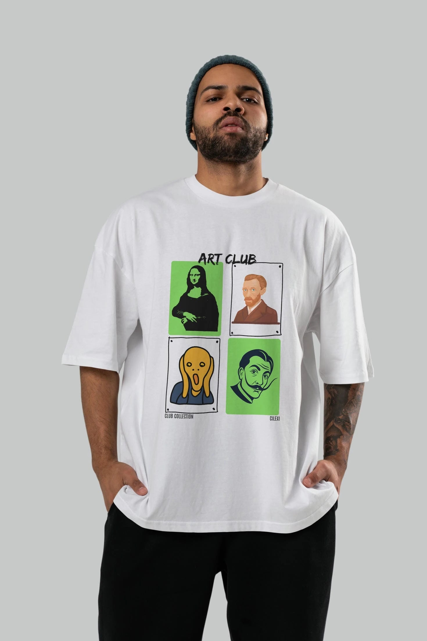 Art Club ön Baskılı Oversize t-shirt Erkek Kadın %100 Pamuk Bisiklet Yaka tişort