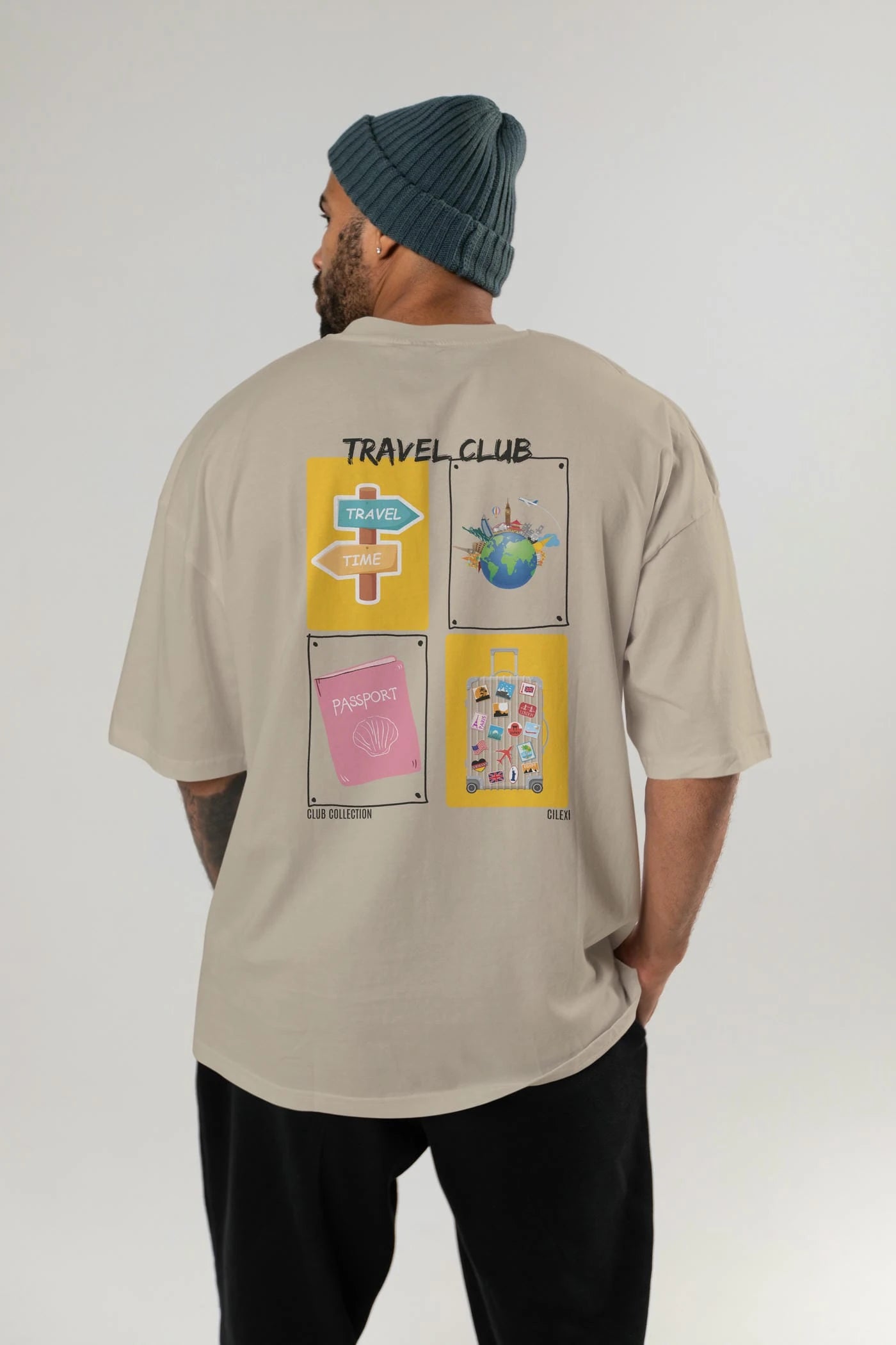 Travel Club Arka Baskılı Oversize t-shirt Erkek Kadın %100 Pamuk Bisiklet Yaka tişort
