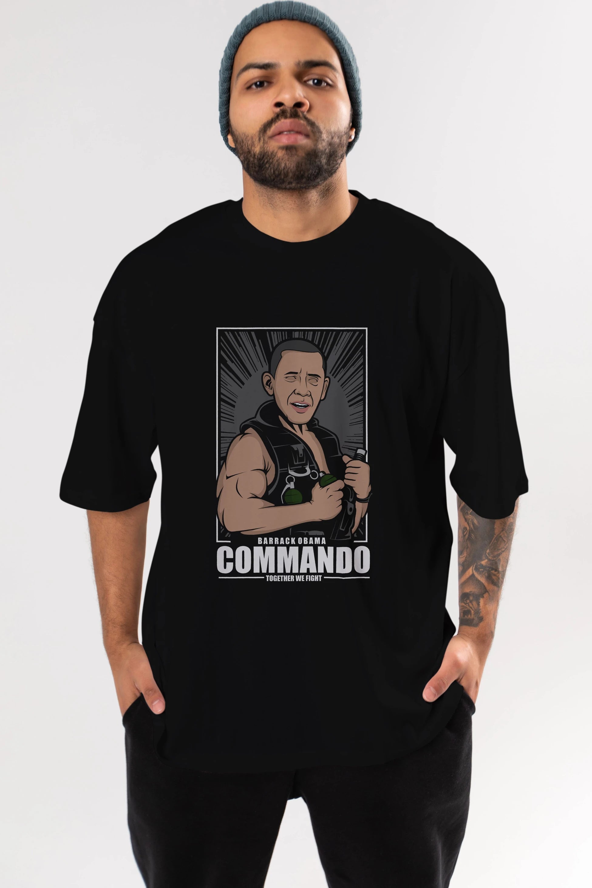 Obama Commando Ön Baskılı Oversize t-shirt Erkek Kadın Unisex %100 Pamuk tişort