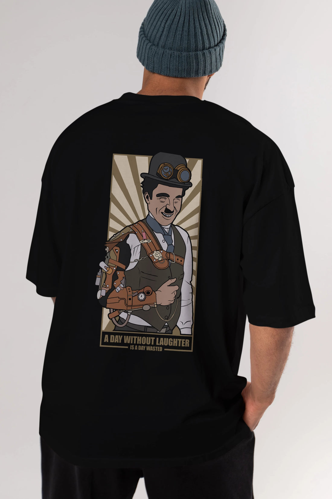 Steampunk Chaplin Arka Baskılı Oversize t-shirt Erkek Kadın Unisex %100 Pamuk tişort