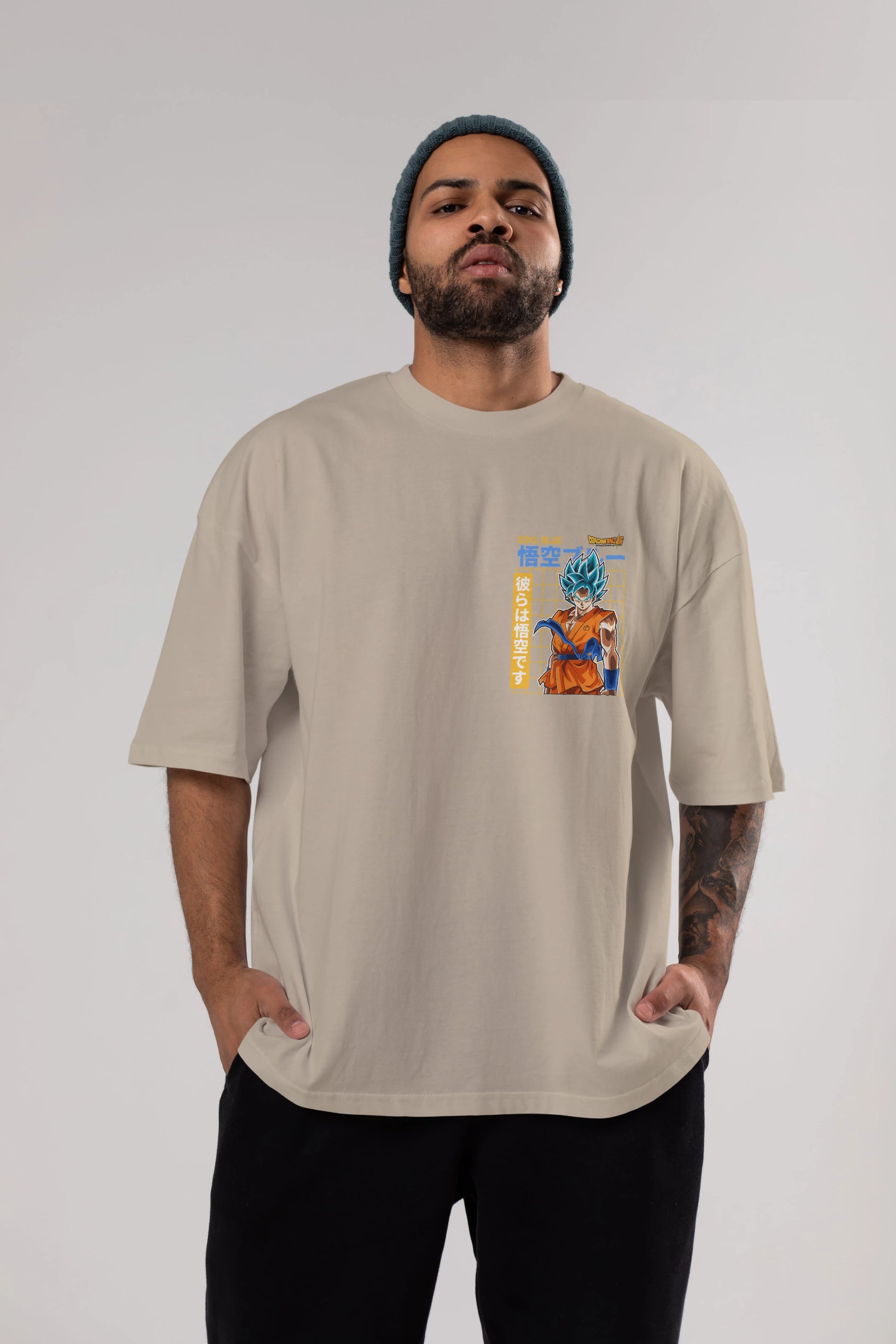 GOKU 1 Ön Sol Baskılı Oversize t-shirt Erkek Kadın Unisex %100 Pamuk Bisiklet Yaka tişort