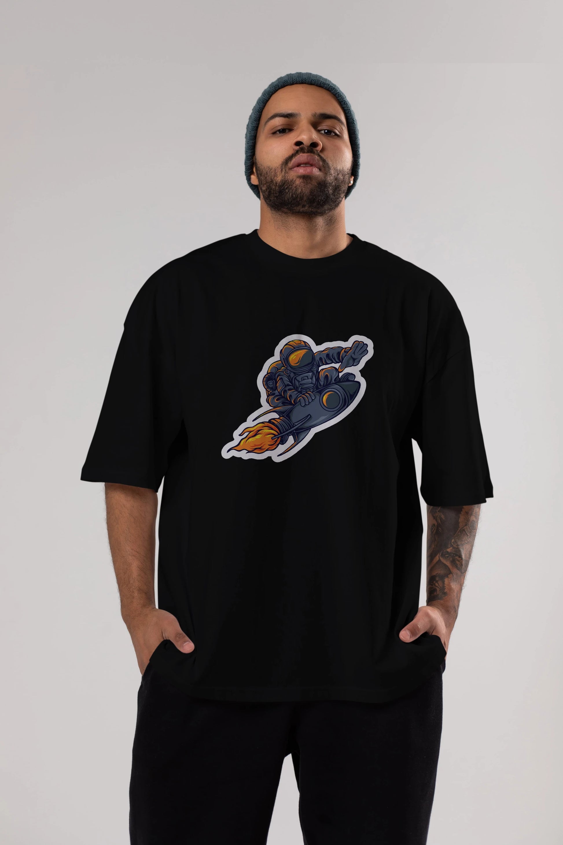 Astrocket Illustration Sticker Ön Baskılı Oversize t-shirt Erkek Kadın Unisex