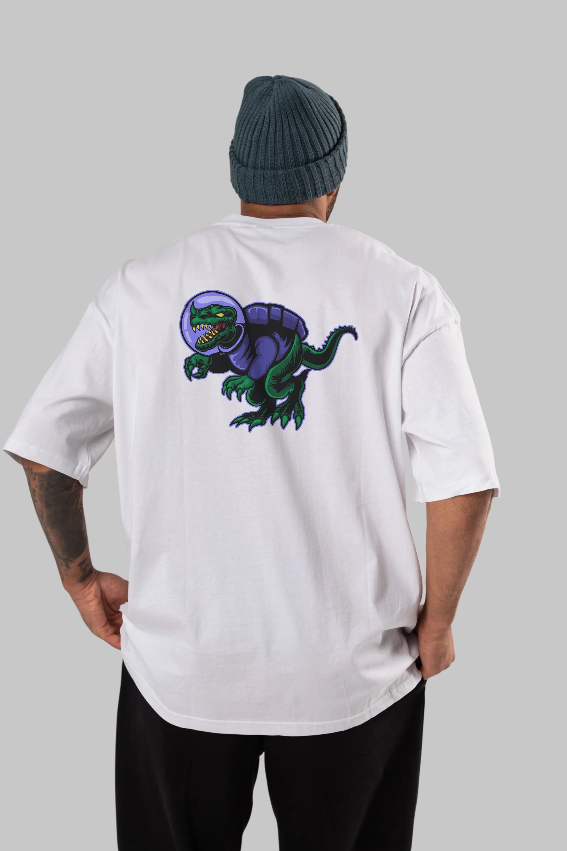 Space Dino Arka Baskılı Oversize t-shirt Erkek Kadın Unisex