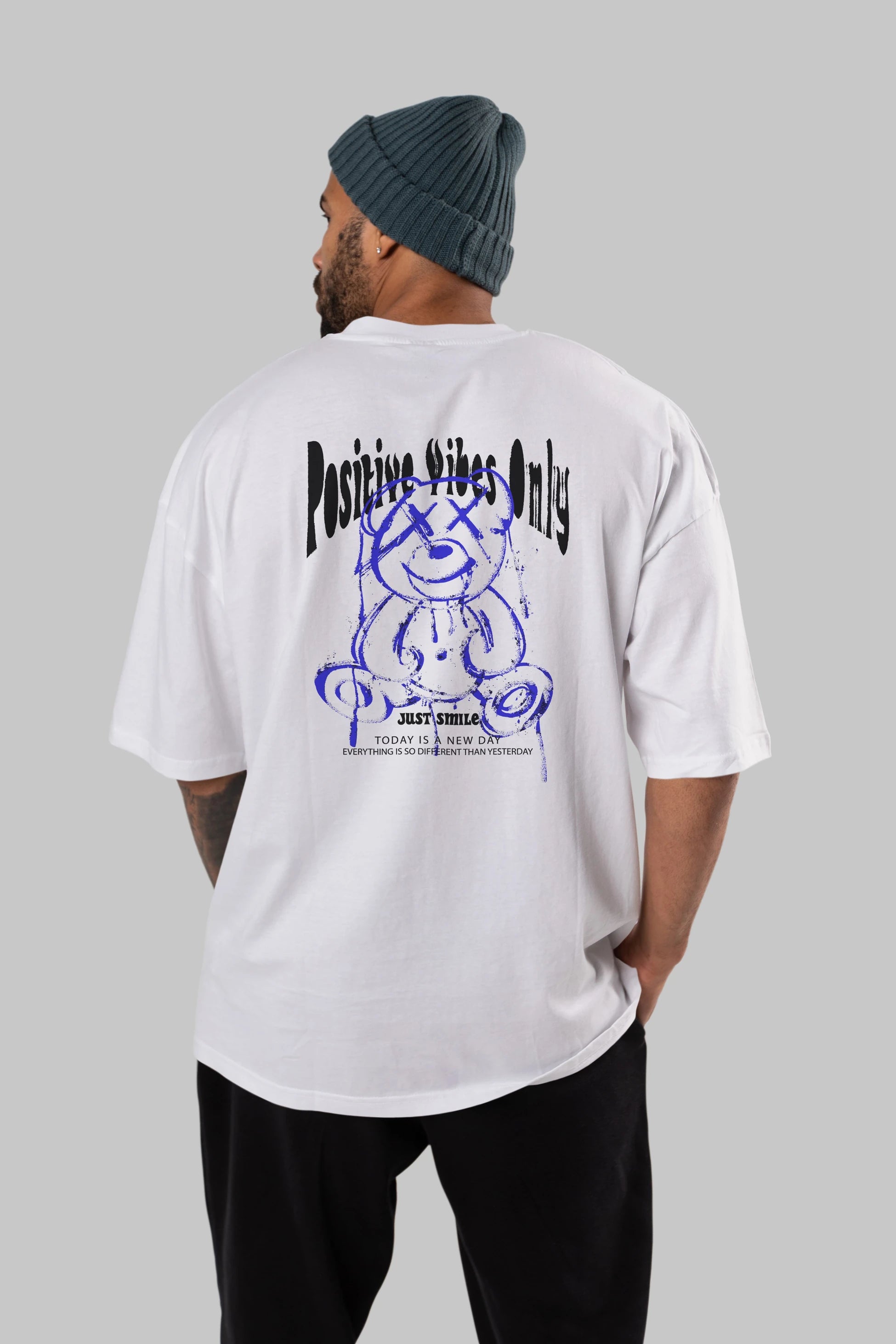 Positive Vibes Only Bear Arka Baskılı Oversize t-shirt Erkek Kadın Unisex