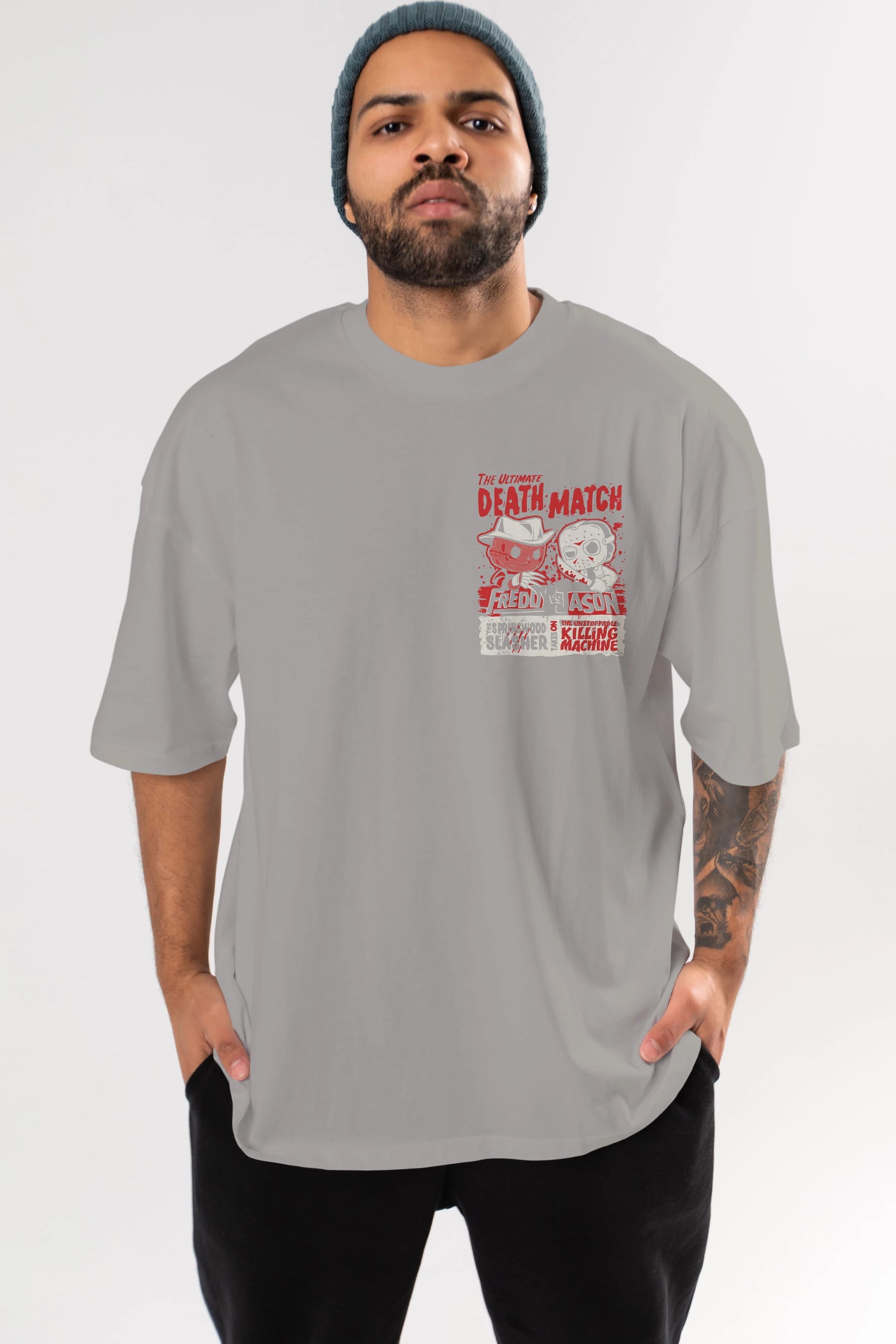 Freddy vs Jason Ön Sol Baskılı Oversize t-shirt Erkek Kadın Unisex %100 Pamuk Bisiklet Yaka tişort