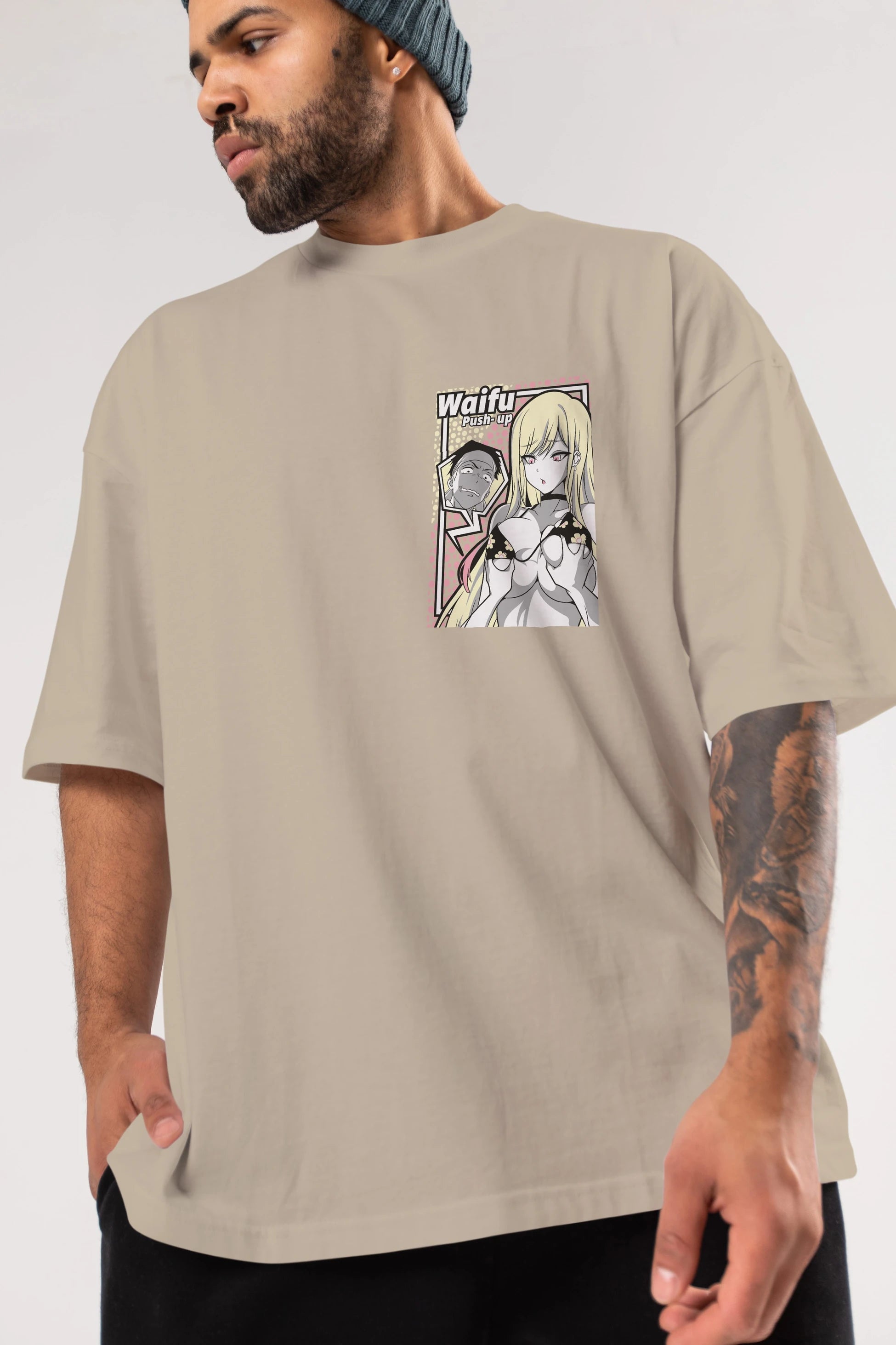 Waifu PushUp Ön Sol Baskılı Oversize t-shirt Erkek Kadın Unisex %100 Pamuk Bisiklet Yaka tişort