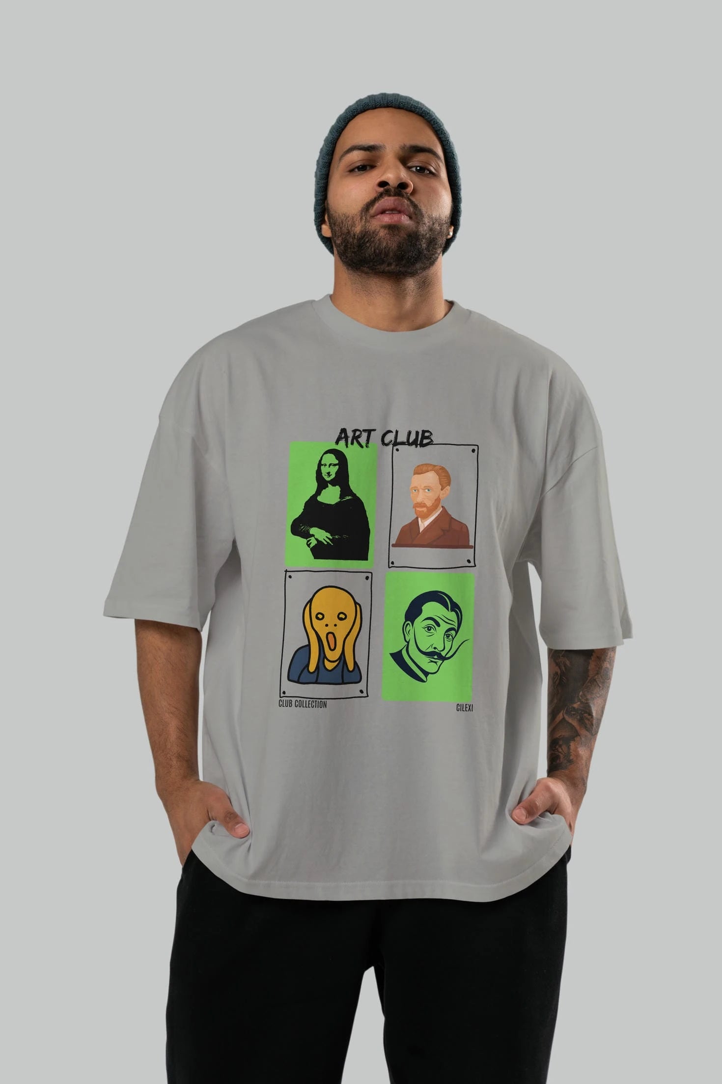 Art Club ön Baskılı Oversize t-shirt Erkek Kadın %100 Pamuk Bisiklet Yaka tişort