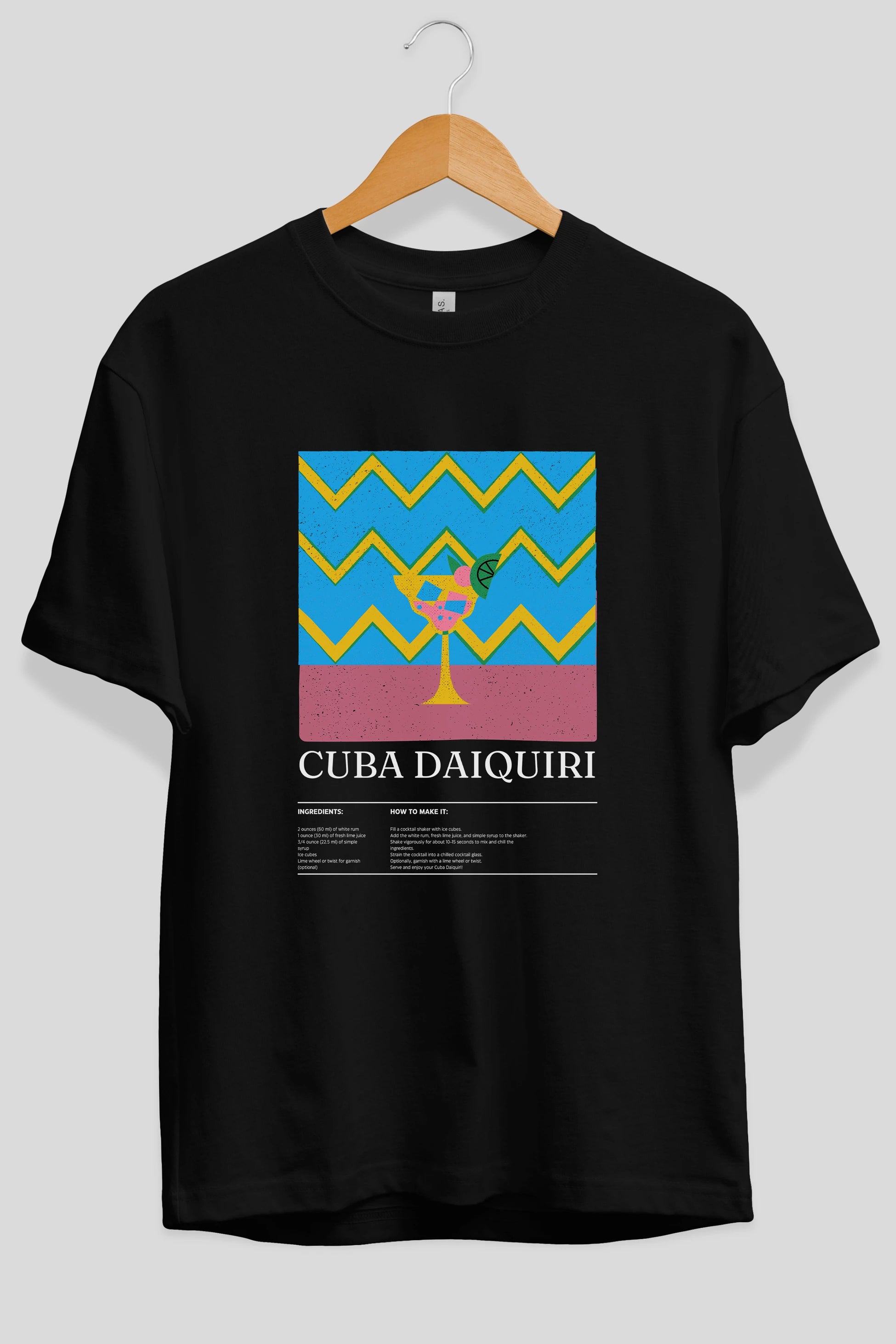 Cuba Daiquiri Kokteyl Ön Baskılı Oversize t-shirt Erkek Kadın %100 Pamuk Bisiklet Yaka tişort