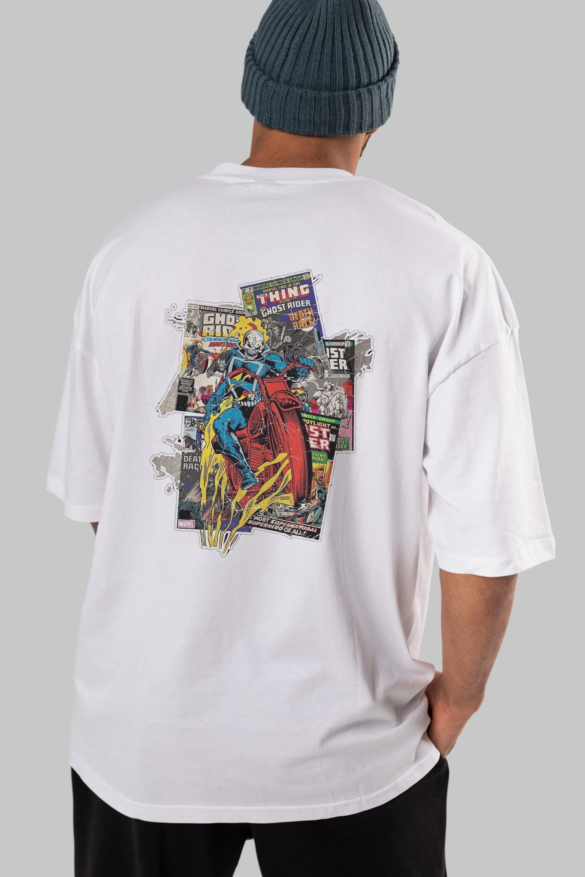 Ghost Rider Arka Baskılı Oversize t-shirt Erkek Kadın Unisex %100 Pamuk Bisiklet Yaka tişort