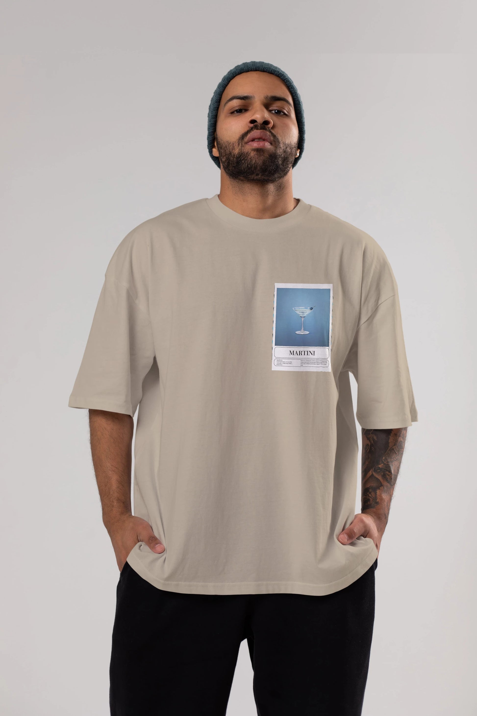 Martini Ön Sol Baskılı Oversize t-shirt Erkek Kadın Unisex %100 Pamuk Bisiklet Yaka tişort