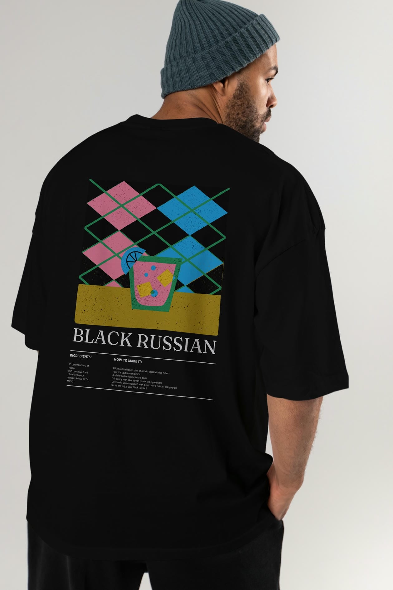 Black Russian Kokteyl Serisi Arka Baskılı Oversize t-shirt Erkek Kadın %100 Pamuk Bisiklet Yaka tişort