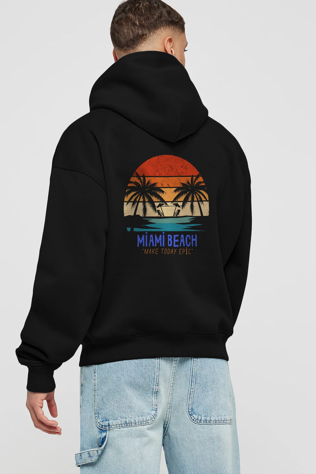 Miami Beach Yazılı Arka Baskılı Oversize Hoodie Kapüşonlu Sweatshirt Erkek Kadın Unisex