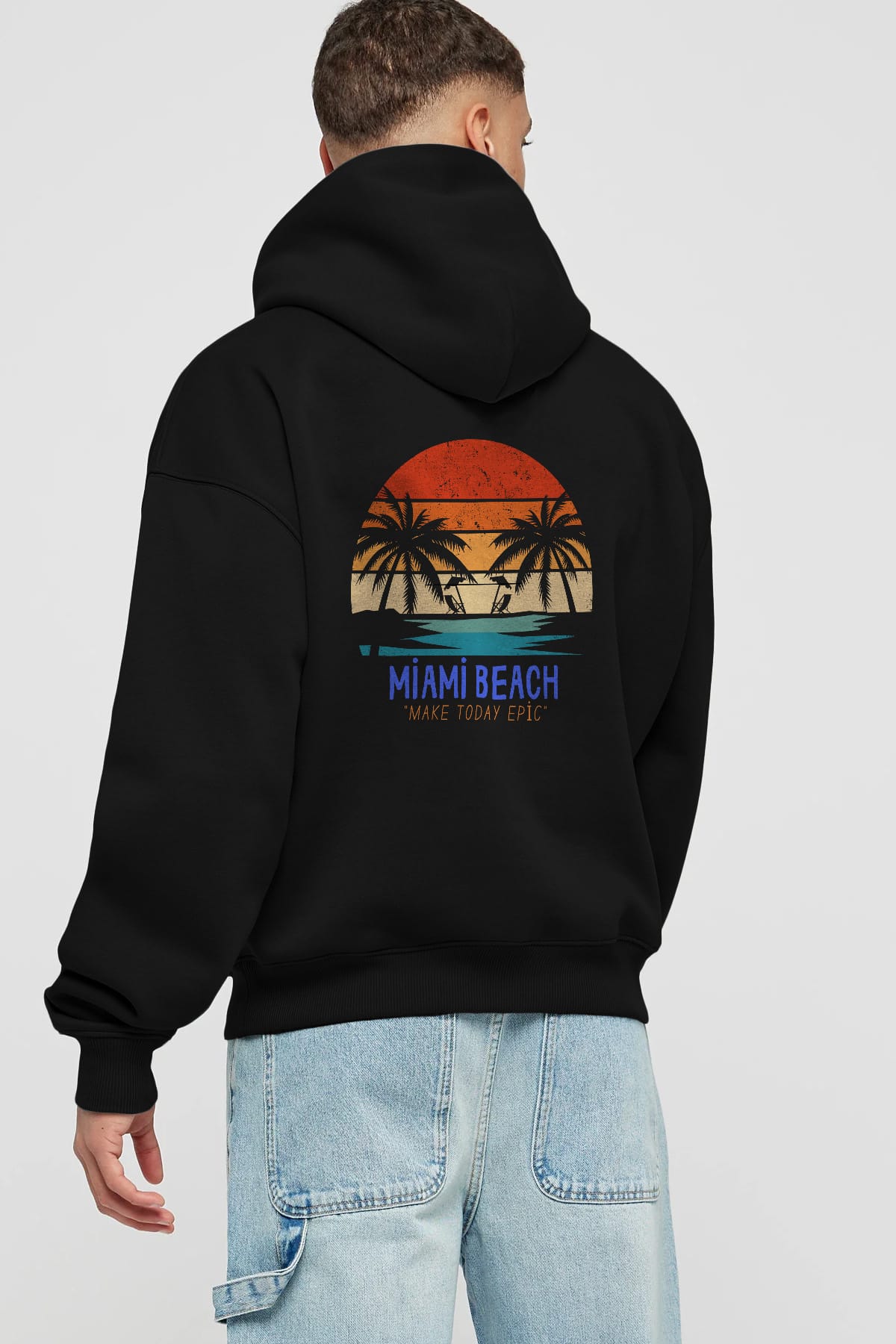 Miami Beach Yazılı Arka Baskılı Oversize Hoodie Kapüşonlu Sweatshirt Erkek Kadın Unisex