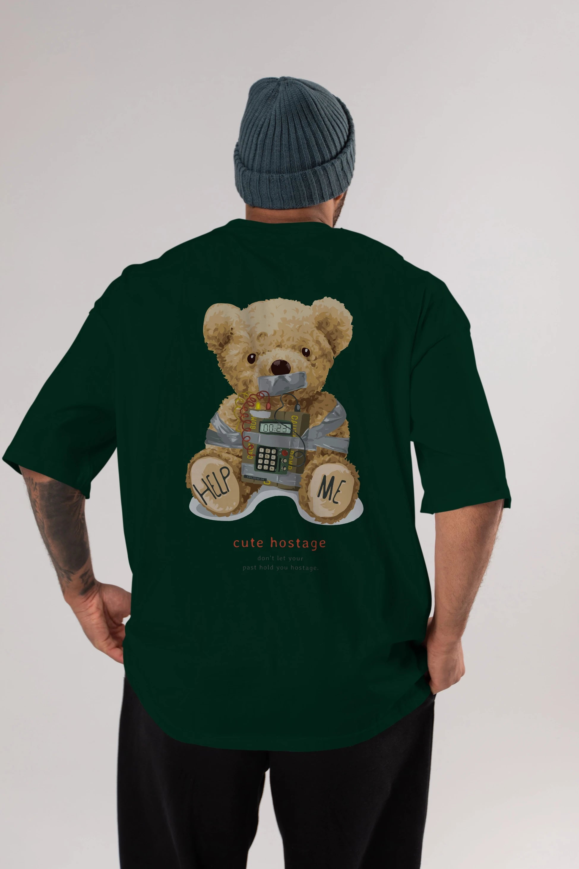 Teddy Bear Help Me Arka Baskılı Oversize t-shirt Erkek Kadın Unisex %100 Pamuk